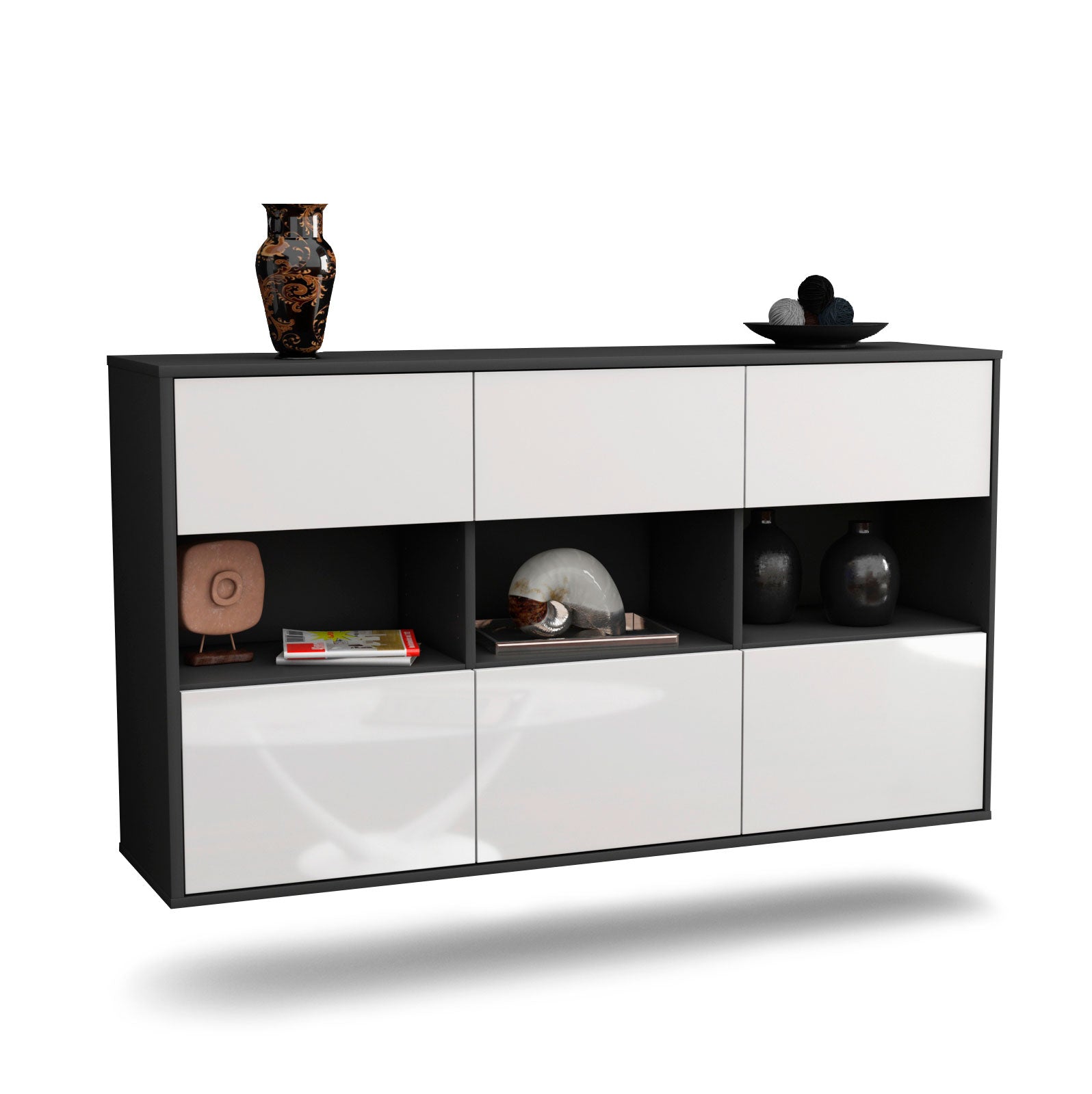 Sideboard - Dorett - Design Hochglanz - Wandmontage mit Push to Open 136 cm Anthrazit