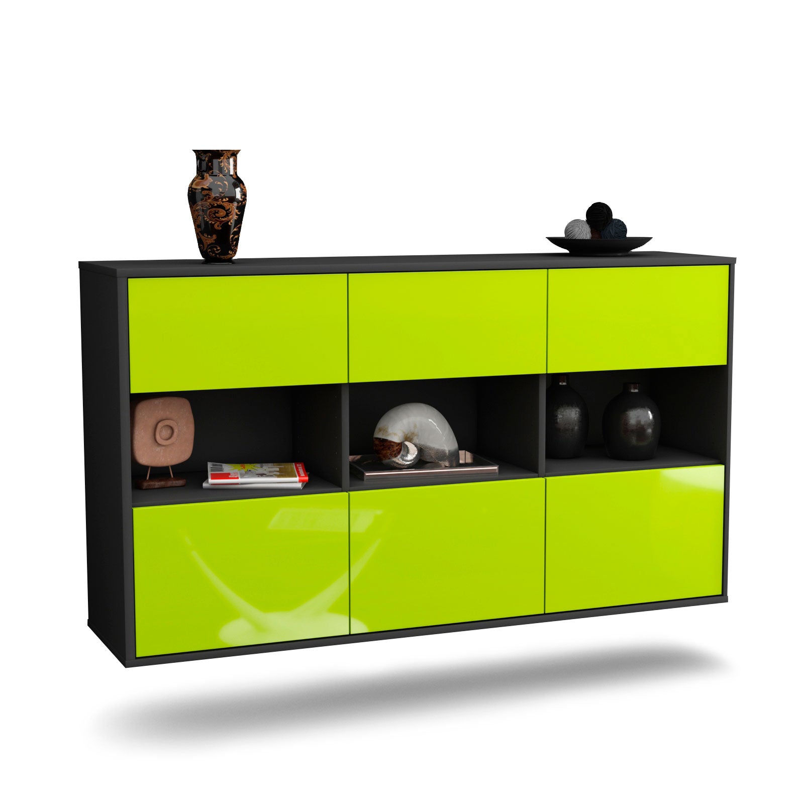 Sideboard - Dorett - Design Hochglanz - Wandmontage mit Push to Open 136 cm Anthrazit