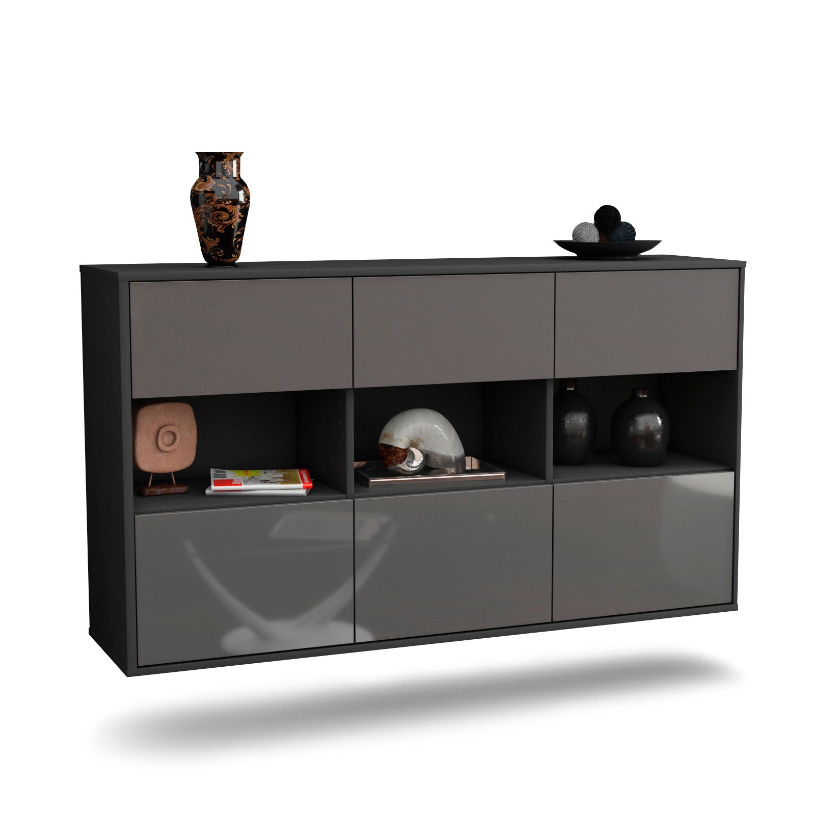 Sideboard - Dorett - Design Hochglanz - Wandmontage mit Push to Open 136 cm Anthrazit