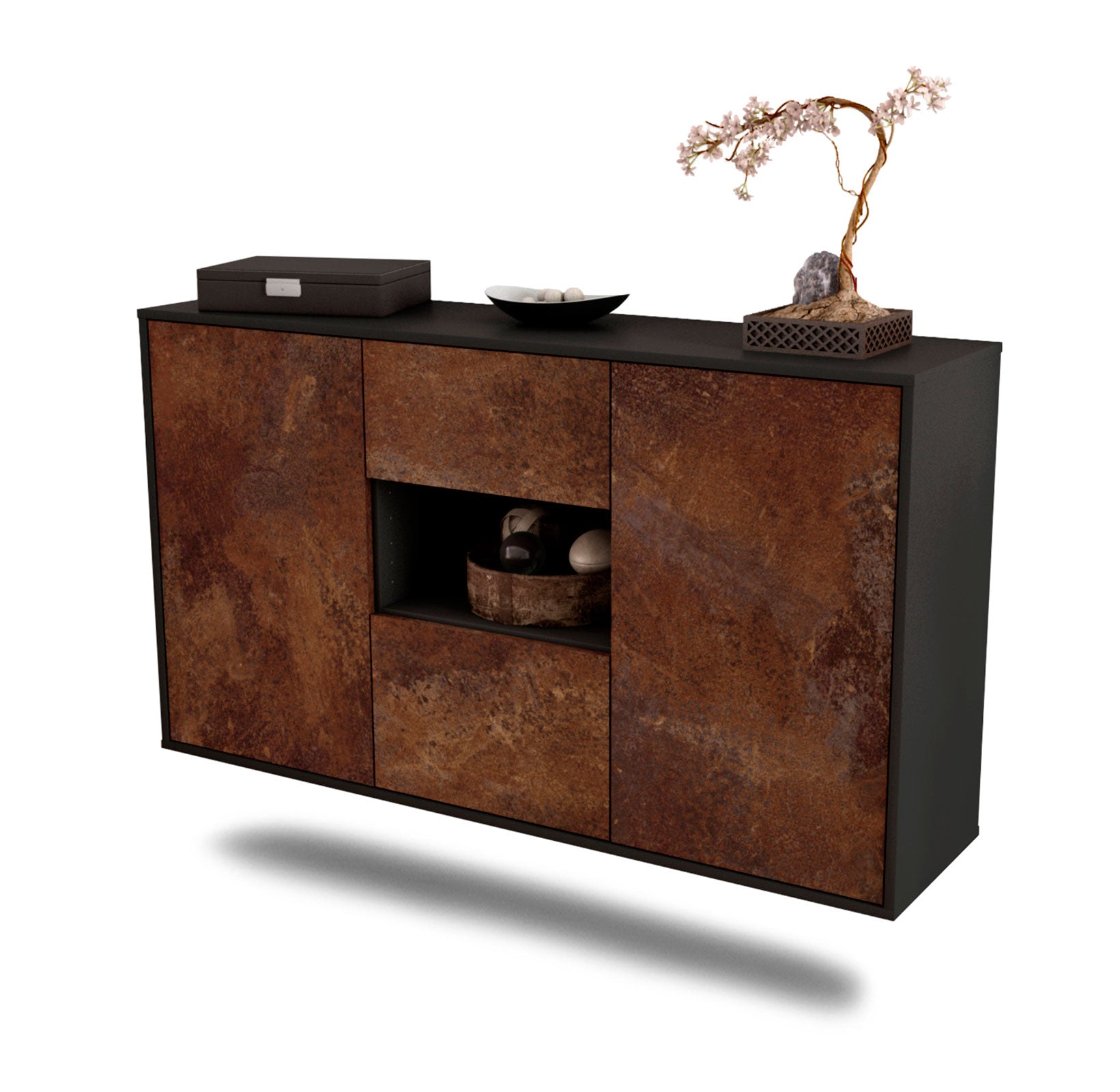 Sideboard - Doriana - Design Industrie Stil - Wandmontage mit Push to Open 136 cm Anthrazit