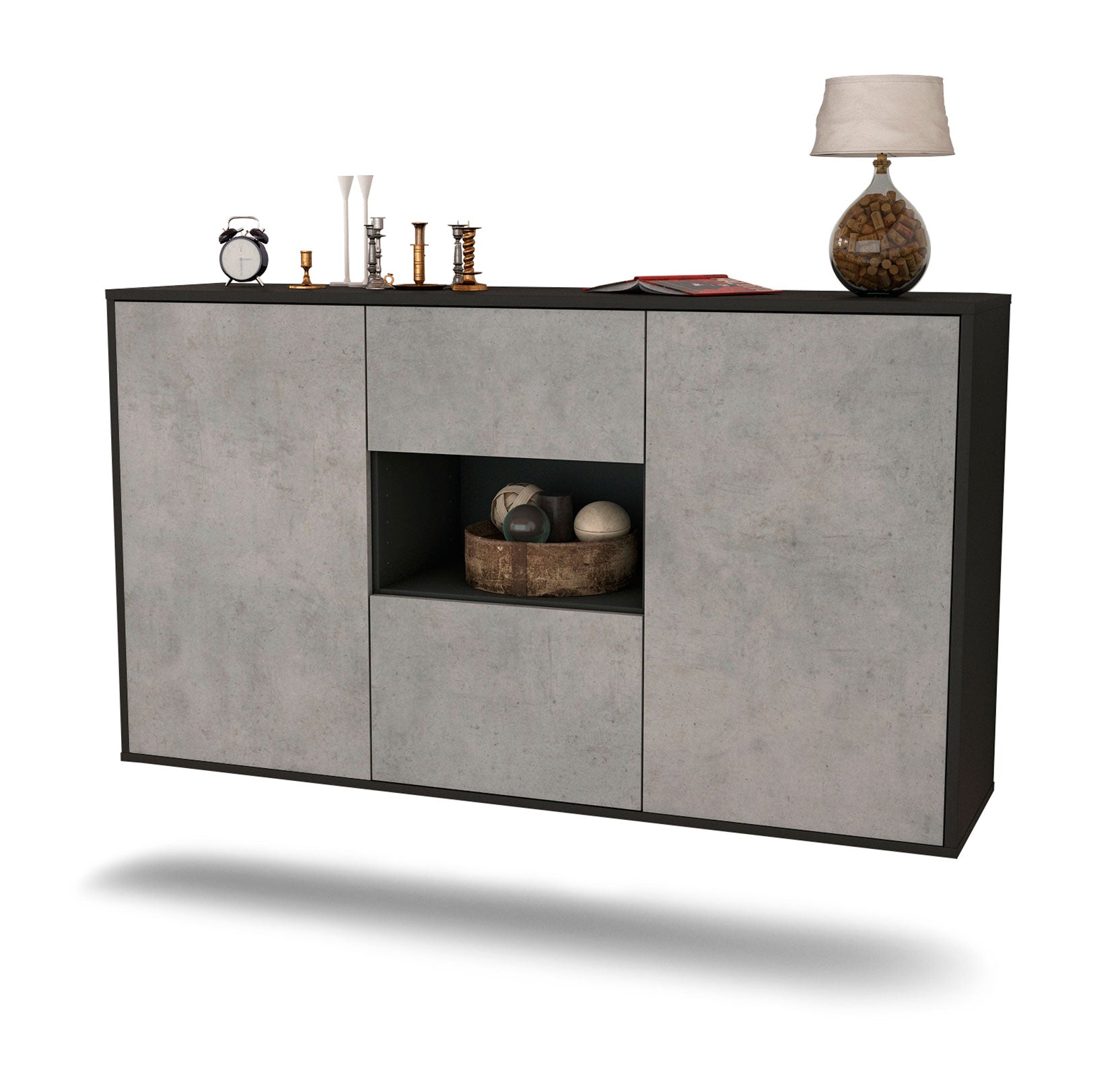 Sideboard - Doriana - Design Industrie Stil - Wandmontage mit Push to Open 136 cm Anthrazit