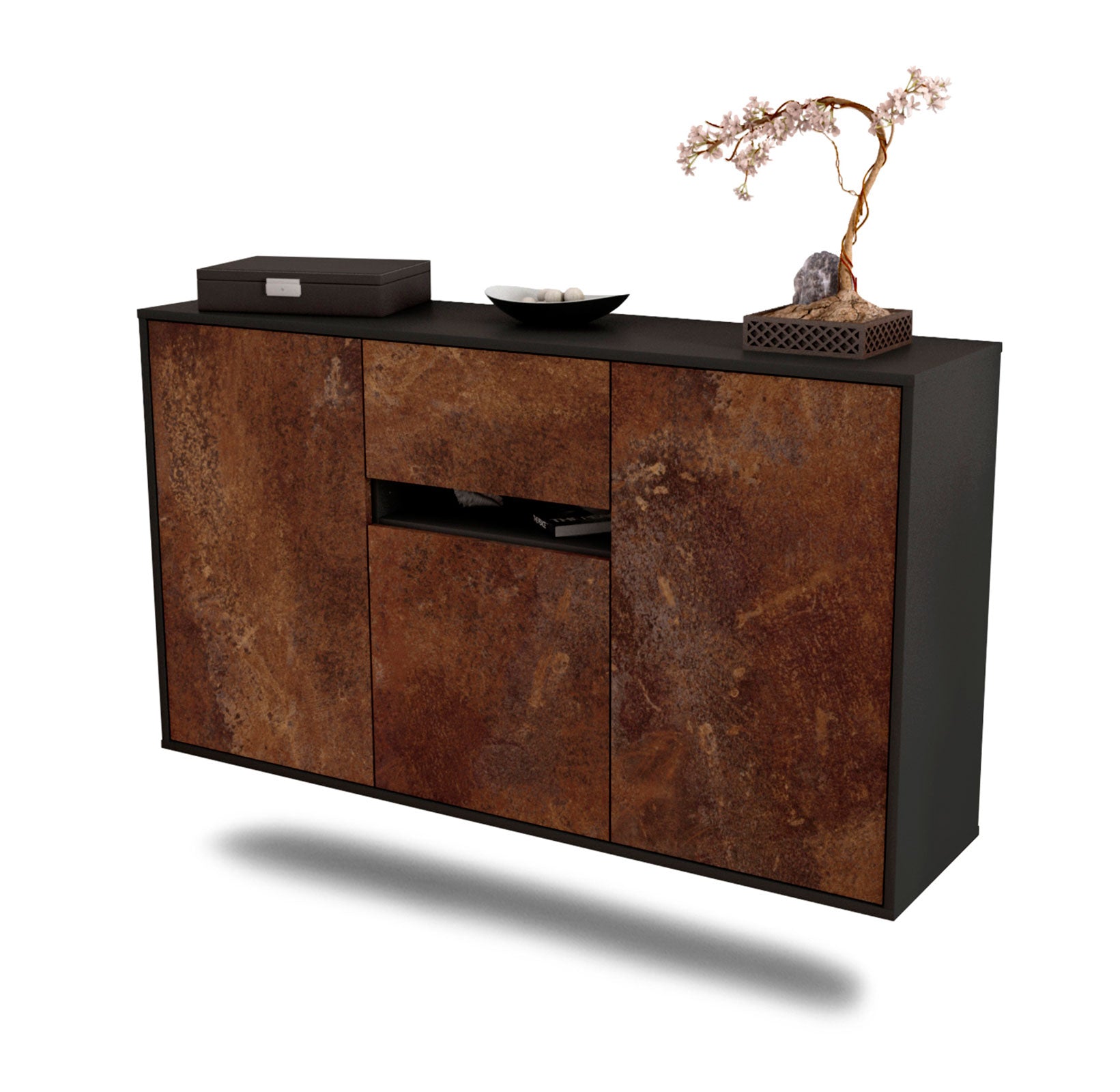 Sideboard - Dorina - Design Industrie Stil - Wandmontage mit Push to Open 136 cm Anthrazit