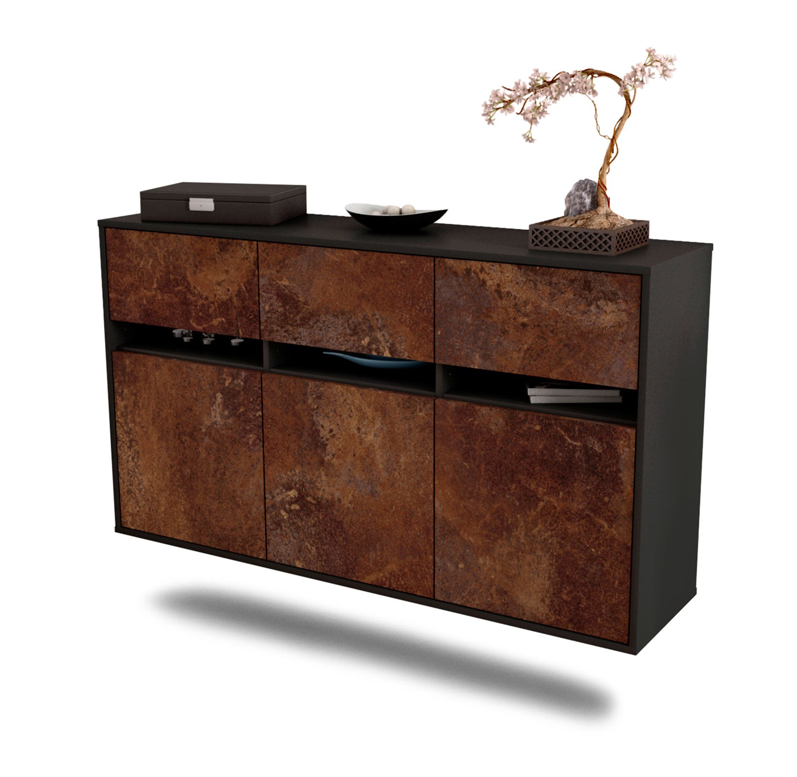 Sideboard - Dorinde - Design Industrie Stil - Wandmontage mit Push to Open 136 cm Anthrazit