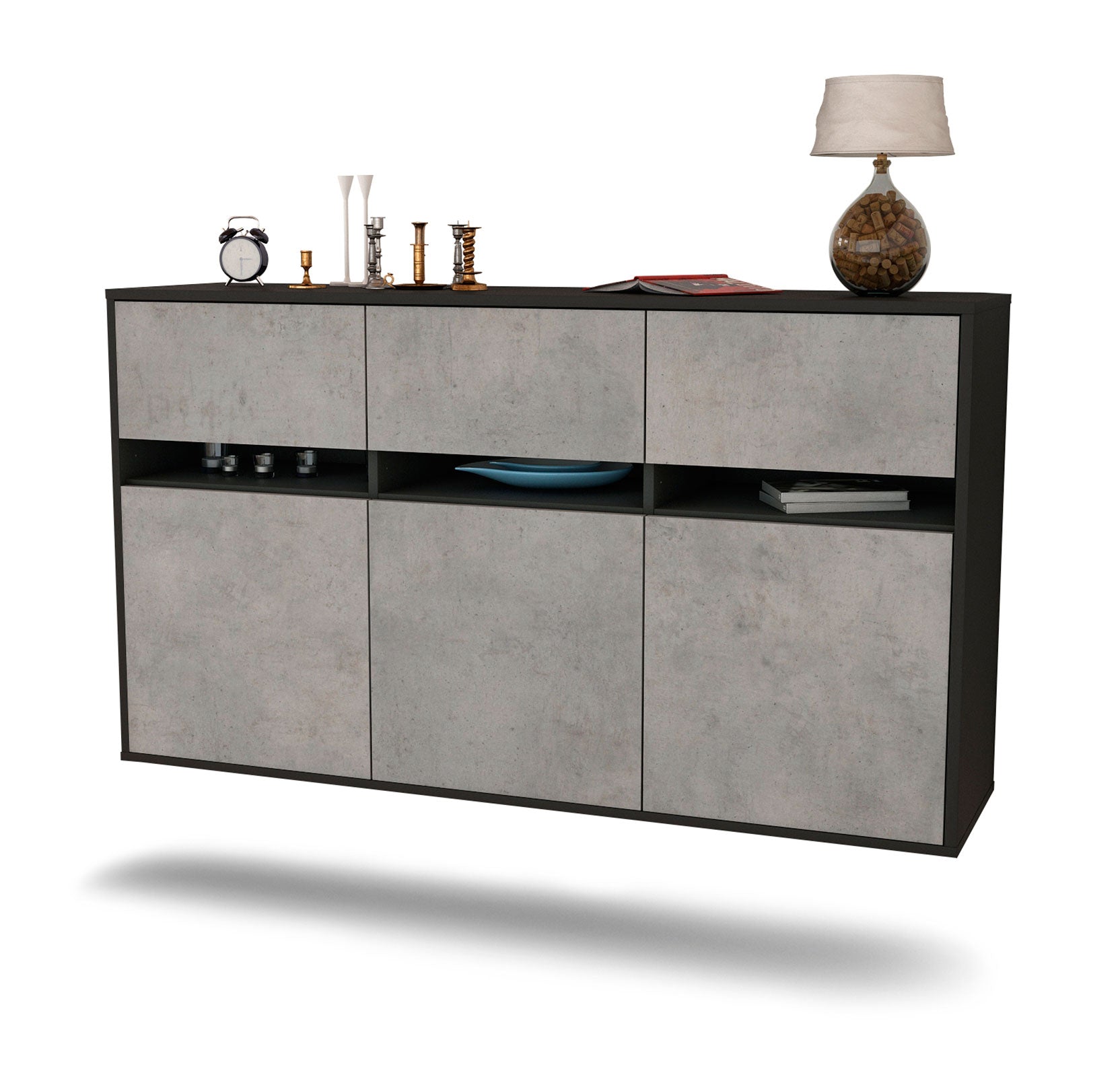 Sideboard - Dorinde - Design Industrie Stil - Wandmontage mit Push to Open 136 cm Anthrazit