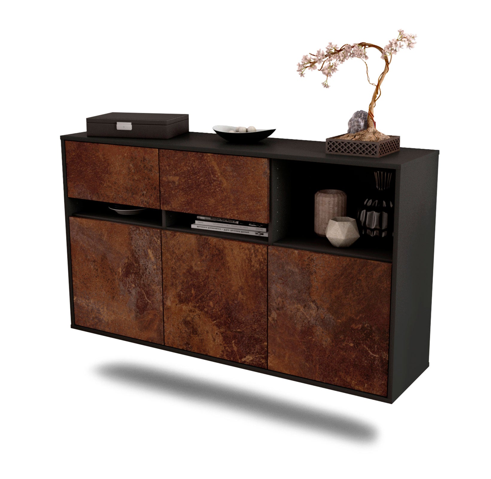 Sideboard - Dorotea - Design Industrie Stil - Wandmontage mit Push to Open 136 cm Anthrazit