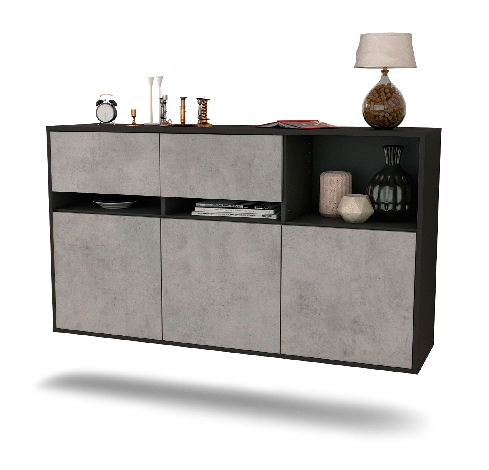 Sideboard - Dorotea - Design Industrie Stil - Wandmontage mit Push to Open 136 cm Anthrazit