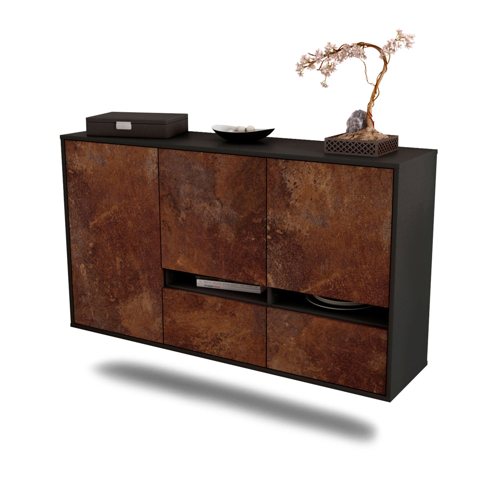 Sideboard - Ebe - Design Industrie Stil - Wandmontage mit Push to Open 136 cm Anthrazit