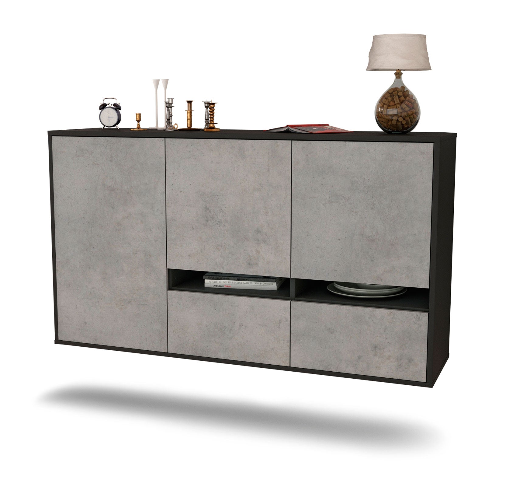 Sideboard - Ebe - Design Industrie Stil - Wandmontage mit Push to Open 136 cm Anthrazit