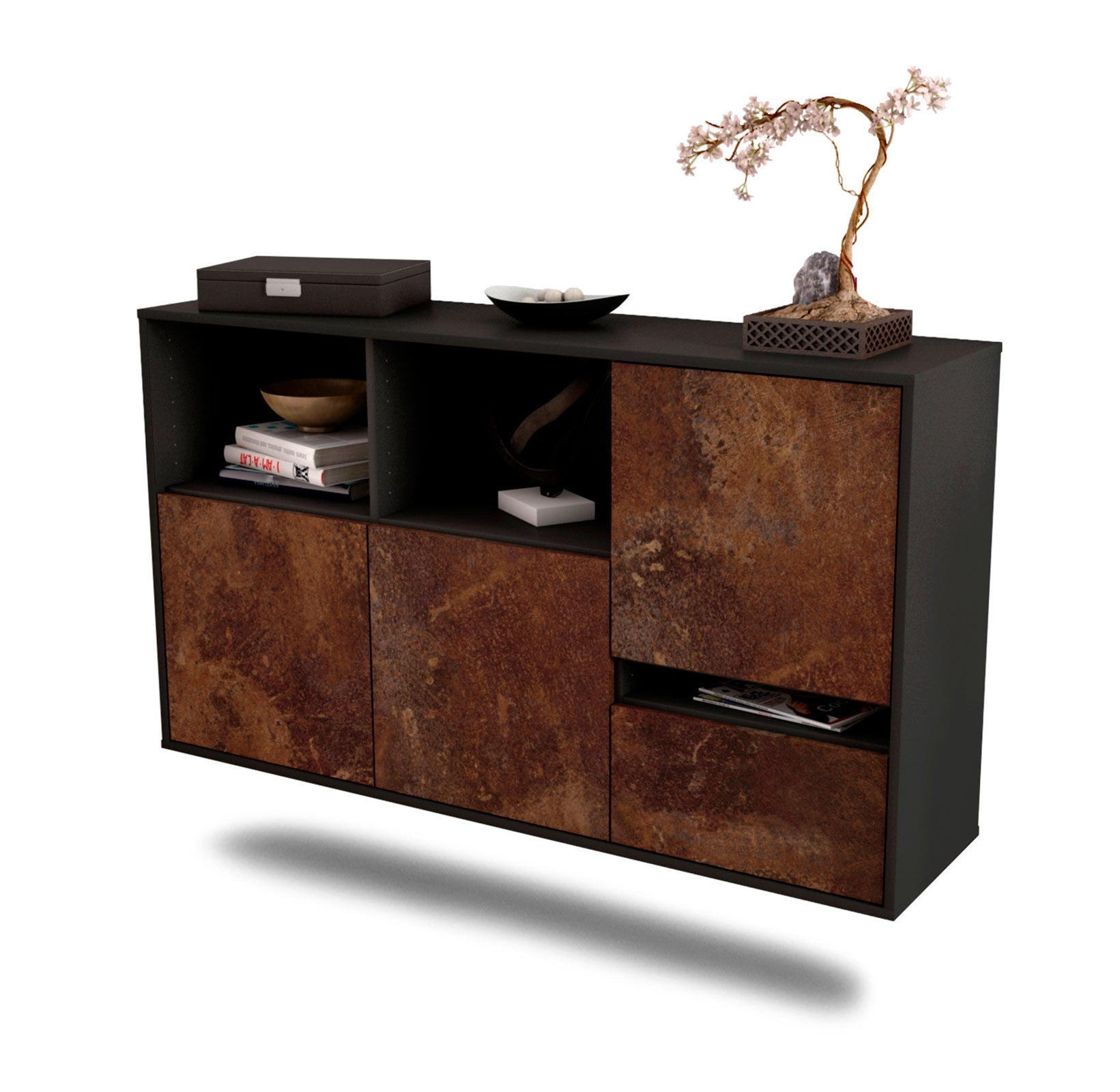 Sideboard - EDA - Design Industrie Stil - Wandmontage mit Push to Open 136 cm Anthrazit