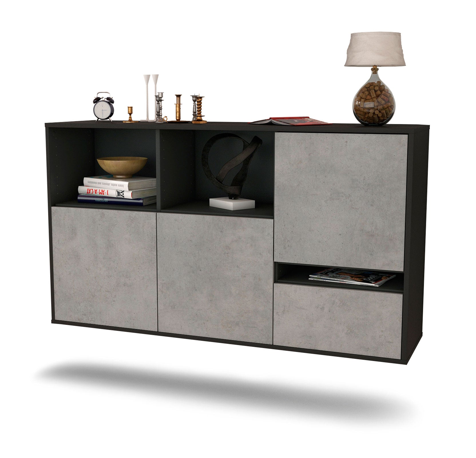 Sideboard - EDA - Design Industrie Stil - Wandmontage mit Push to Open 136 cm Anthrazit