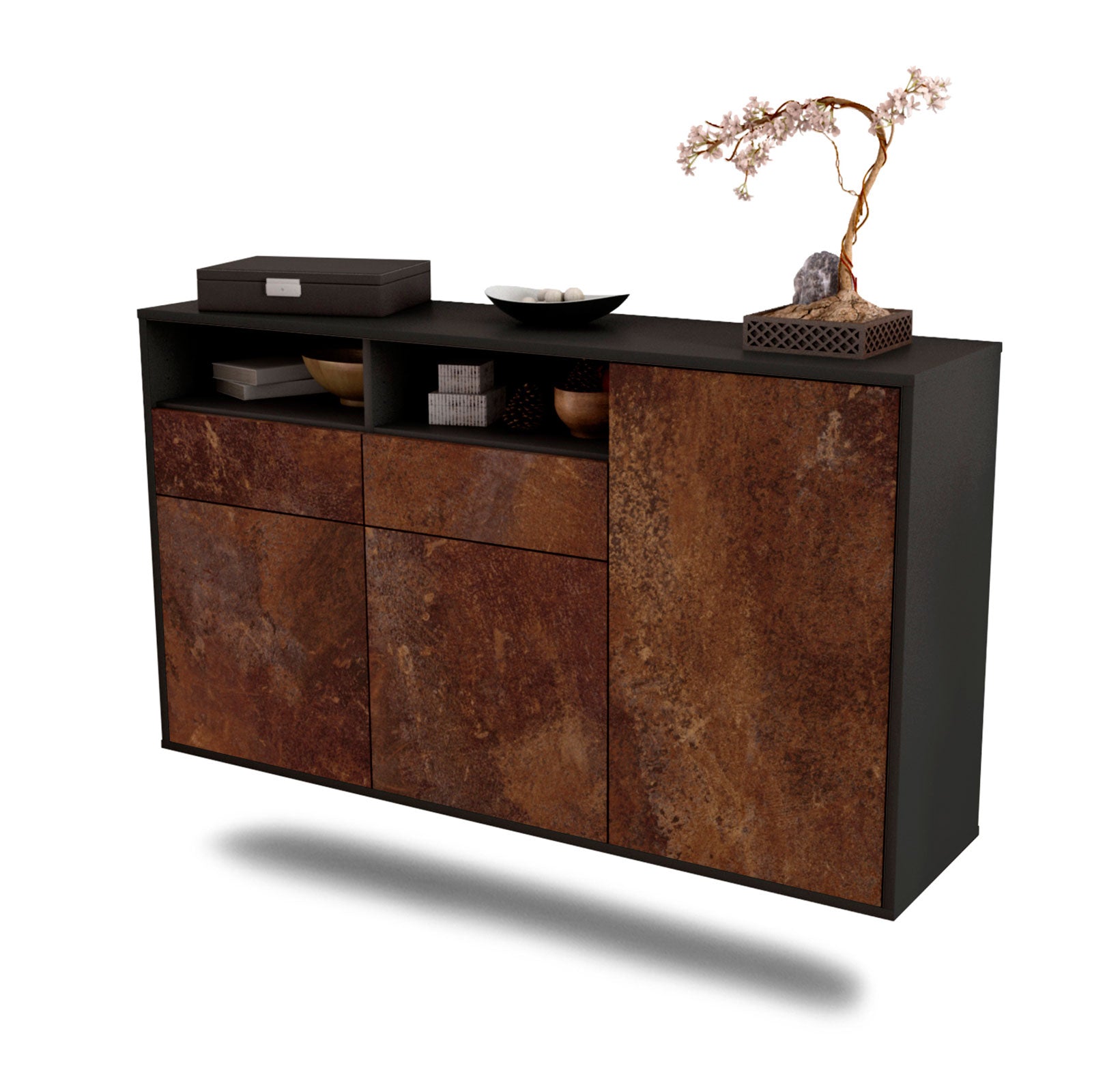 Sideboard - Editta - Design Industrie Stil - Wandmontage mit Push to Open 136 cm Anthrazit