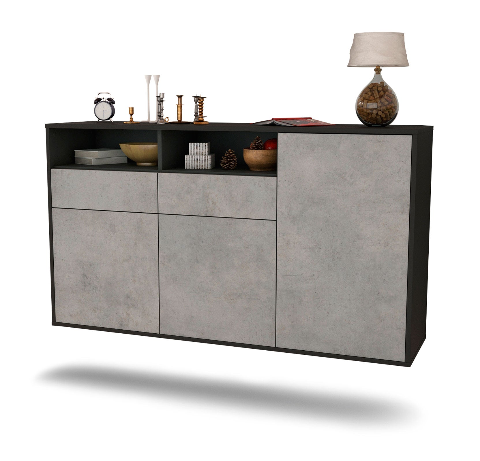 Sideboard - Editta - Design Industrie Stil - Wandmontage mit Push to Open 136 cm Anthrazit