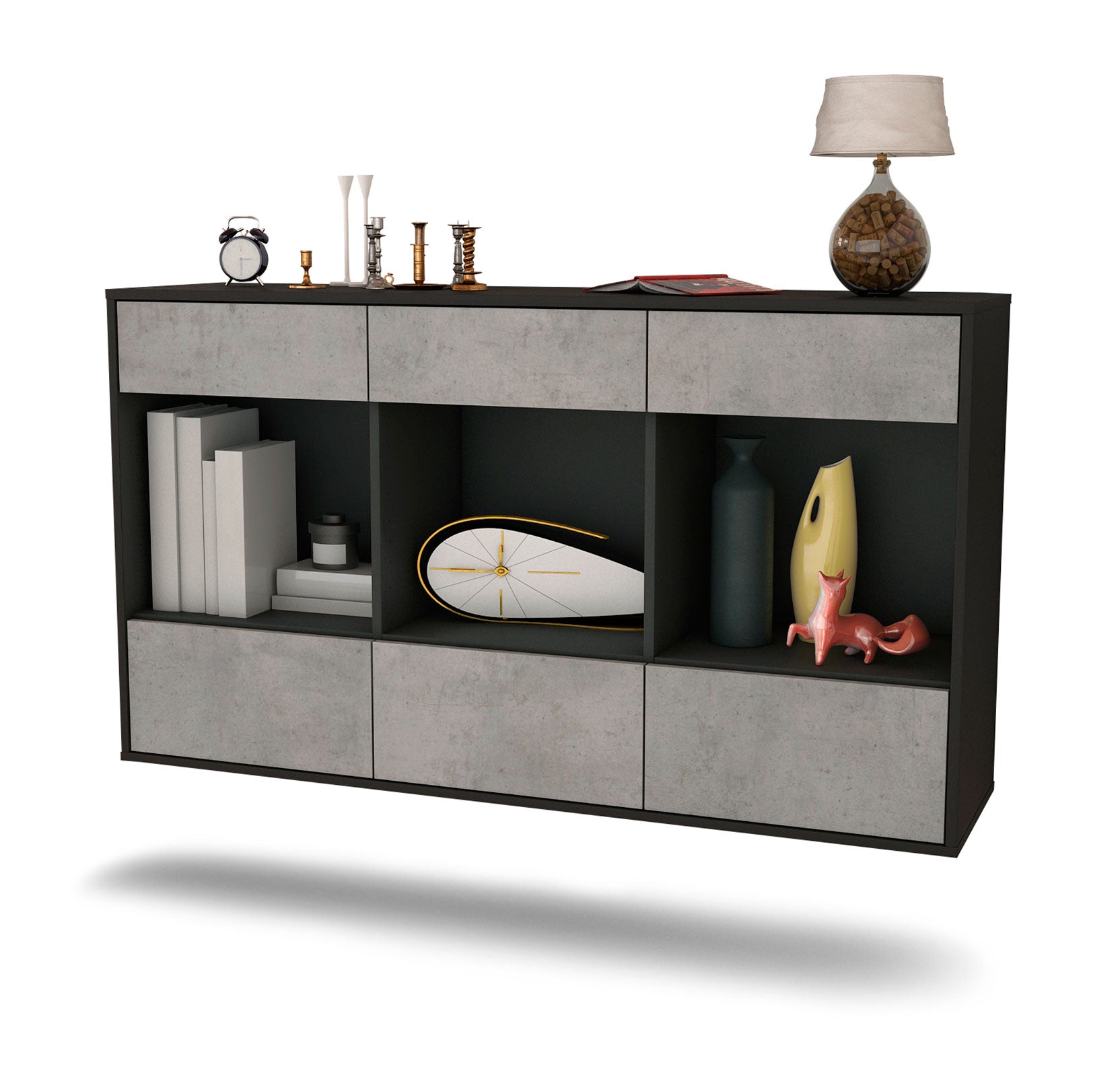 Sideboard - Efisia - Design Industrie Stil - Wandmontage mit Push to Open 136 cm Anthrazit