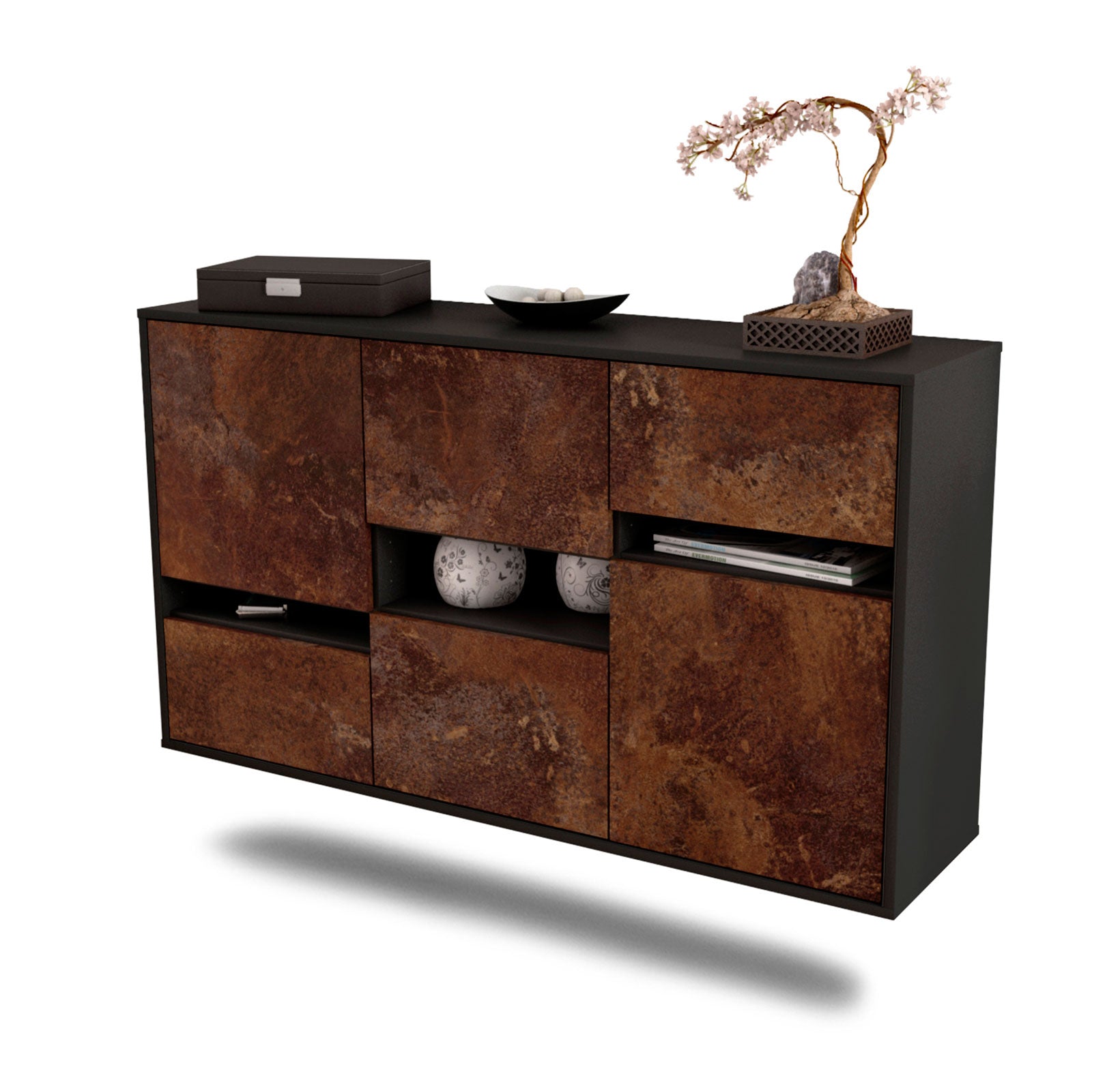 Sideboard - Egizia - Design Industrie Stil - Wandmontage mit Push to Open 136 cm Anthrazit