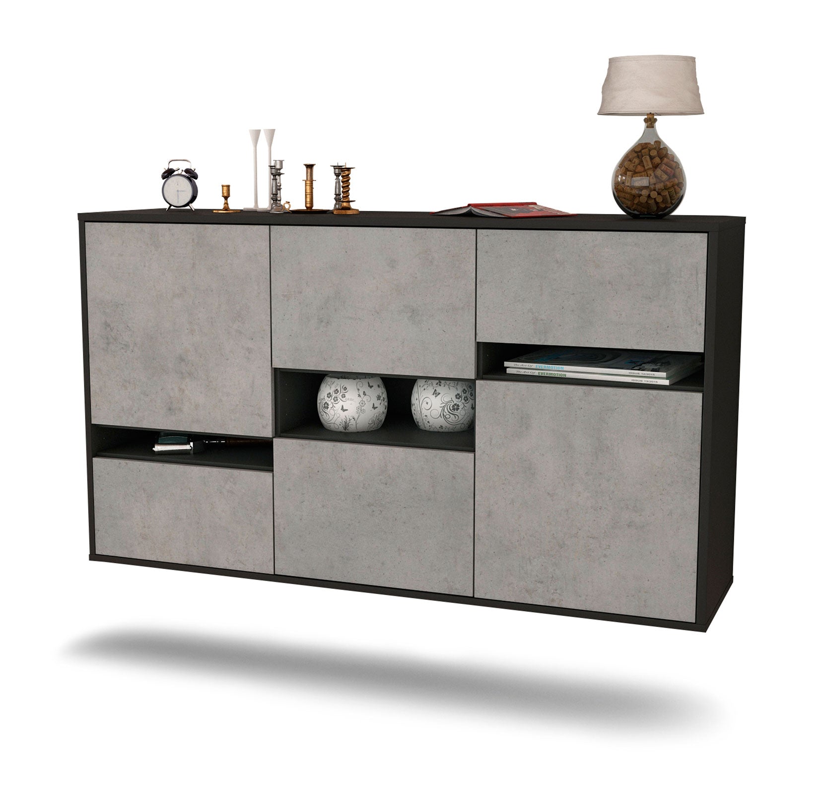 Sideboard - Egizia - Design Industrie Stil - Wandmontage mit Push to Open 136 cm Anthrazit