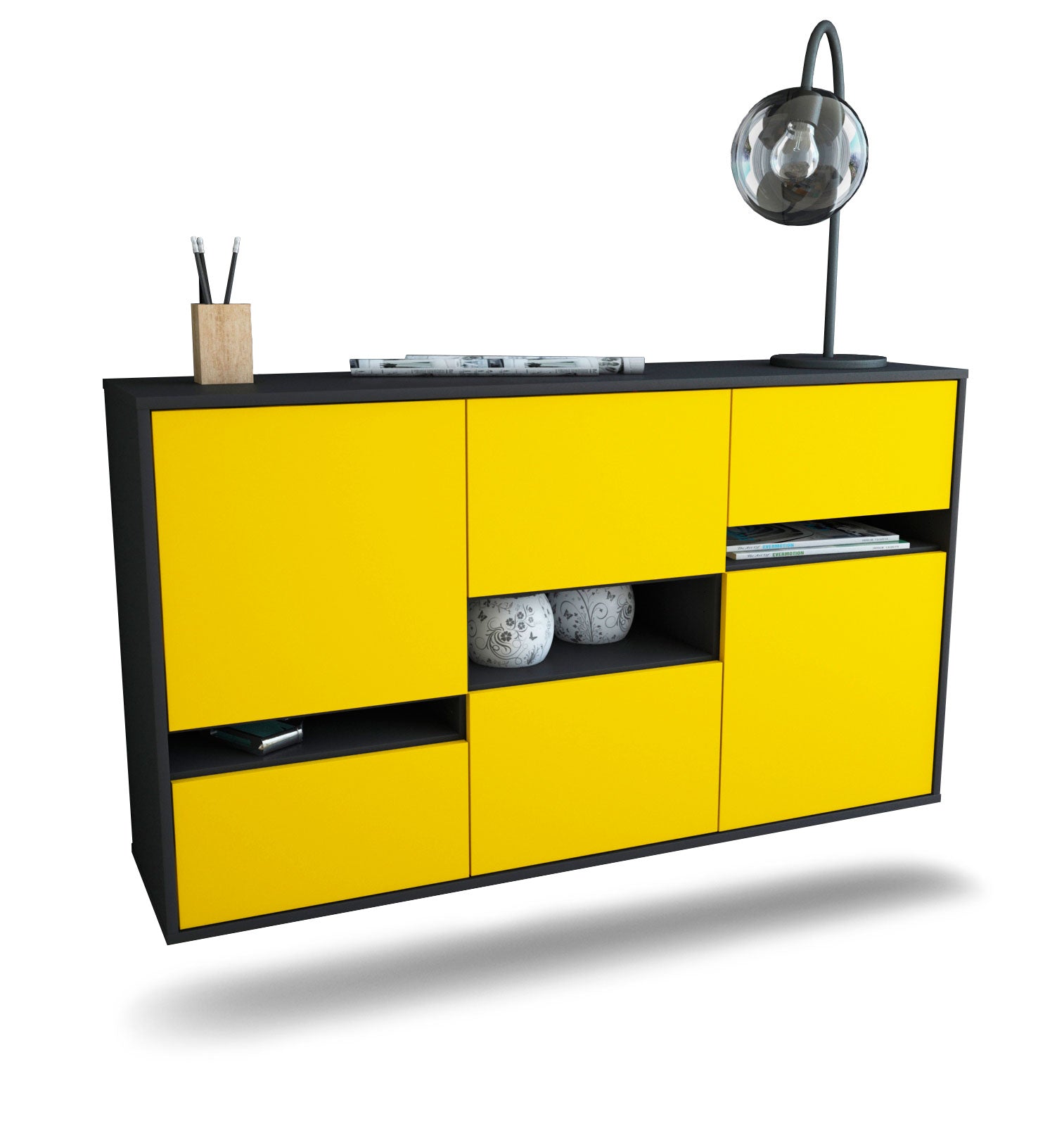 Sideboard - Egizia - Design Farbakzent - Wandmontage mit Push to Open 136 cm Anthrazit