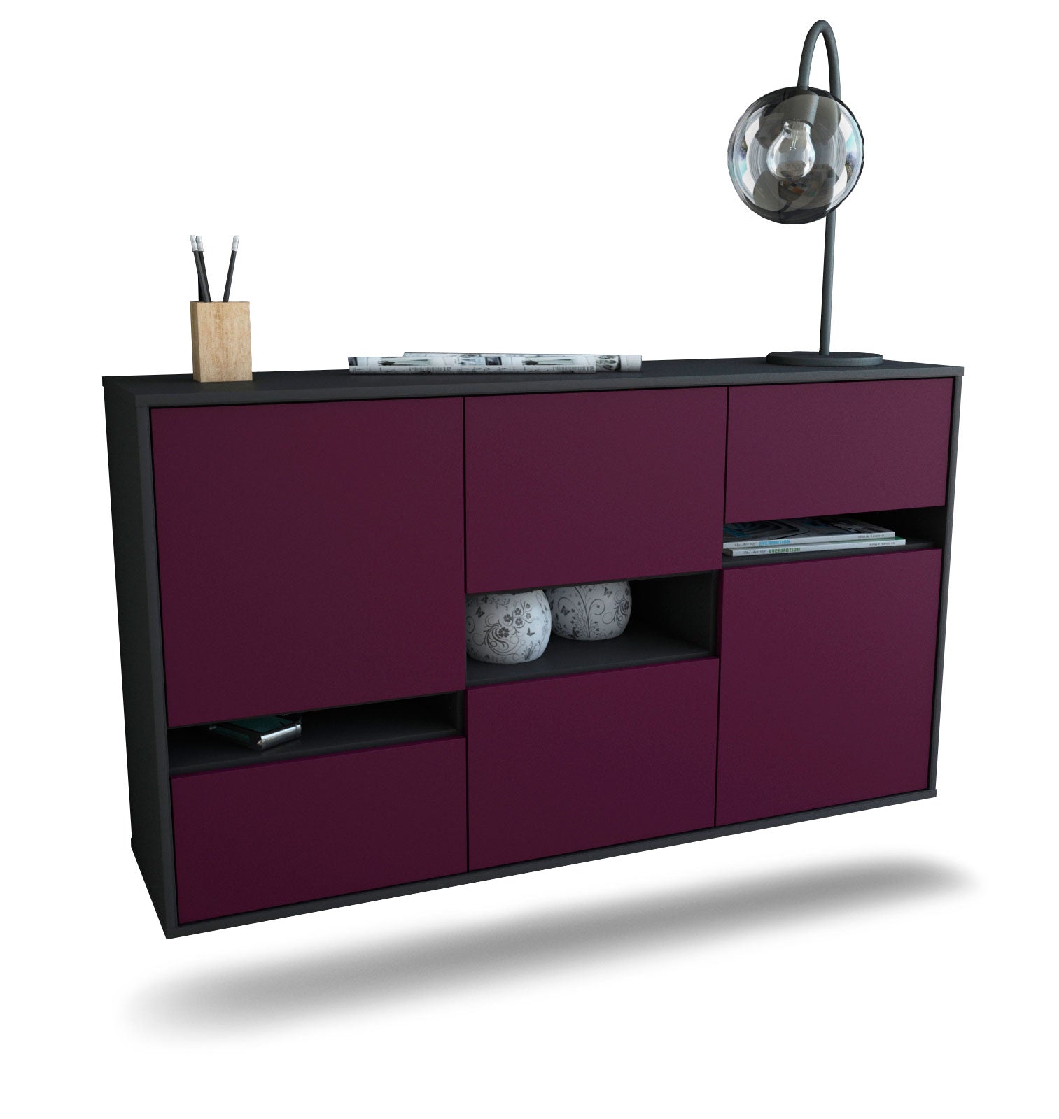 Sideboard - Egizia - Design Farbakzent - Wandmontage mit Push to Open 136 cm Anthrazit