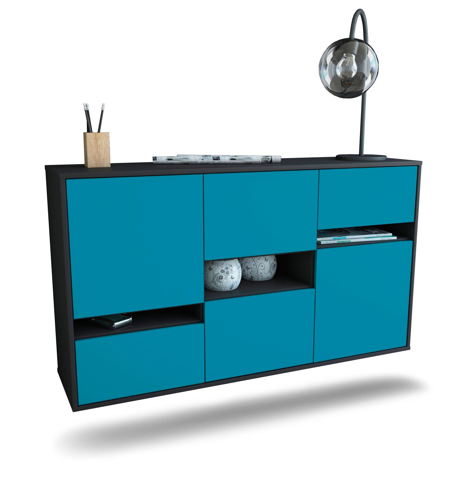 Sideboard - Egizia - Design Farbakzent - Wandmontage mit Push to Open 136 cm Anthrazit
