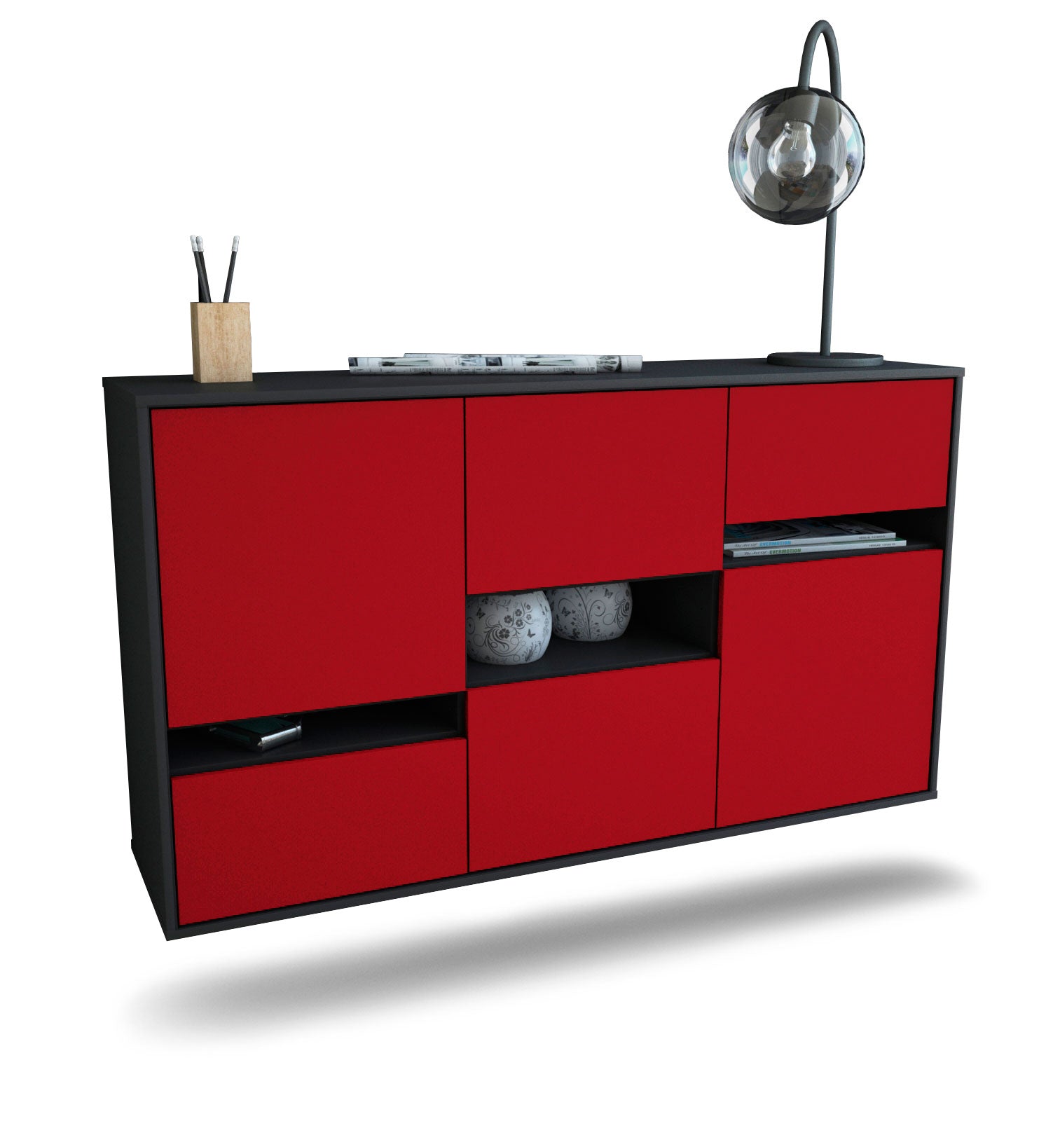 Sideboard - Egizia - Design Farbakzent - Wandmontage mit Push to Open 136 cm Anthrazit