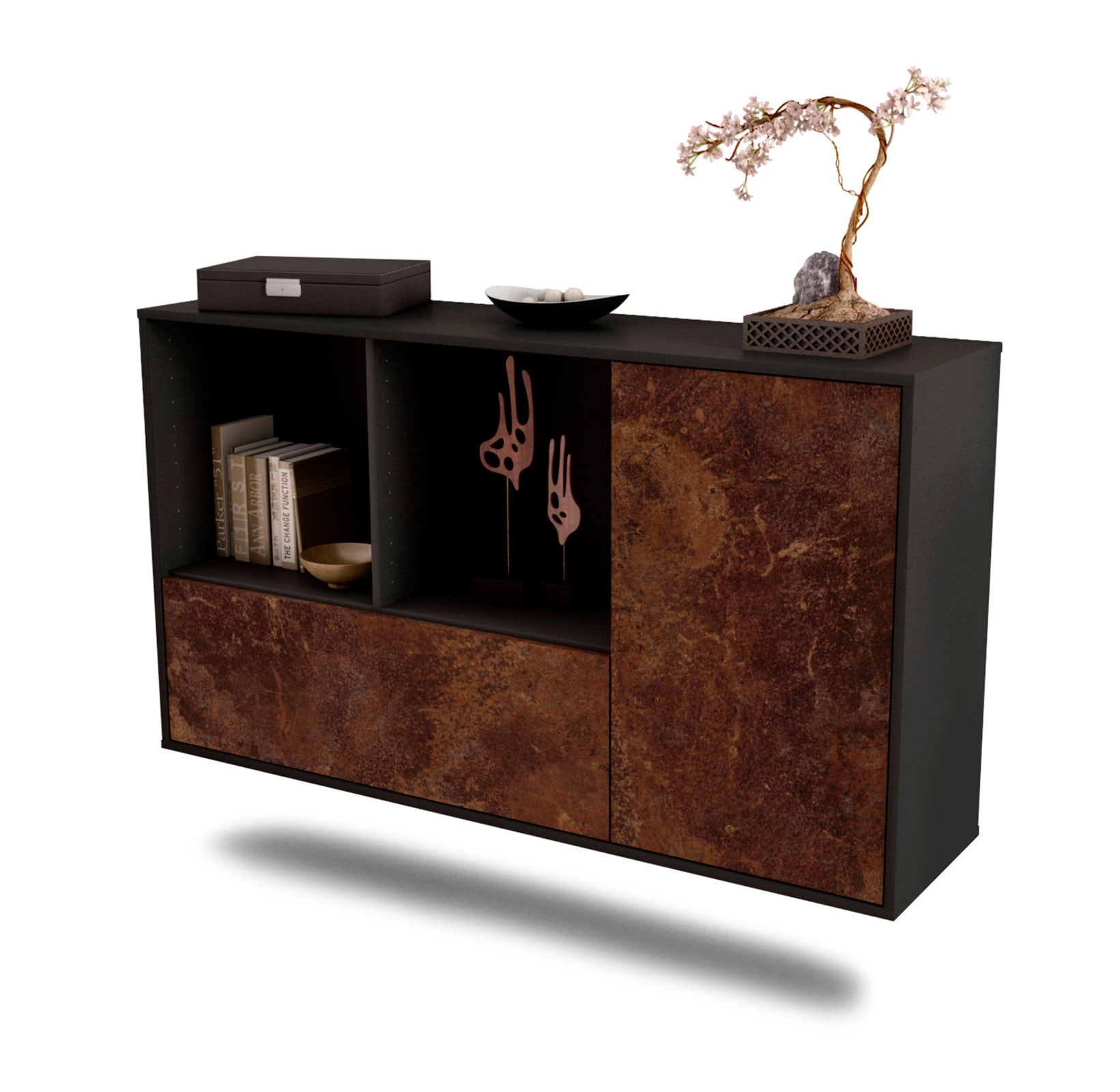 Sideboard - Ela - Design Industrie Stil - Wandmontage mit Push to Open 136 cm Anthrazit