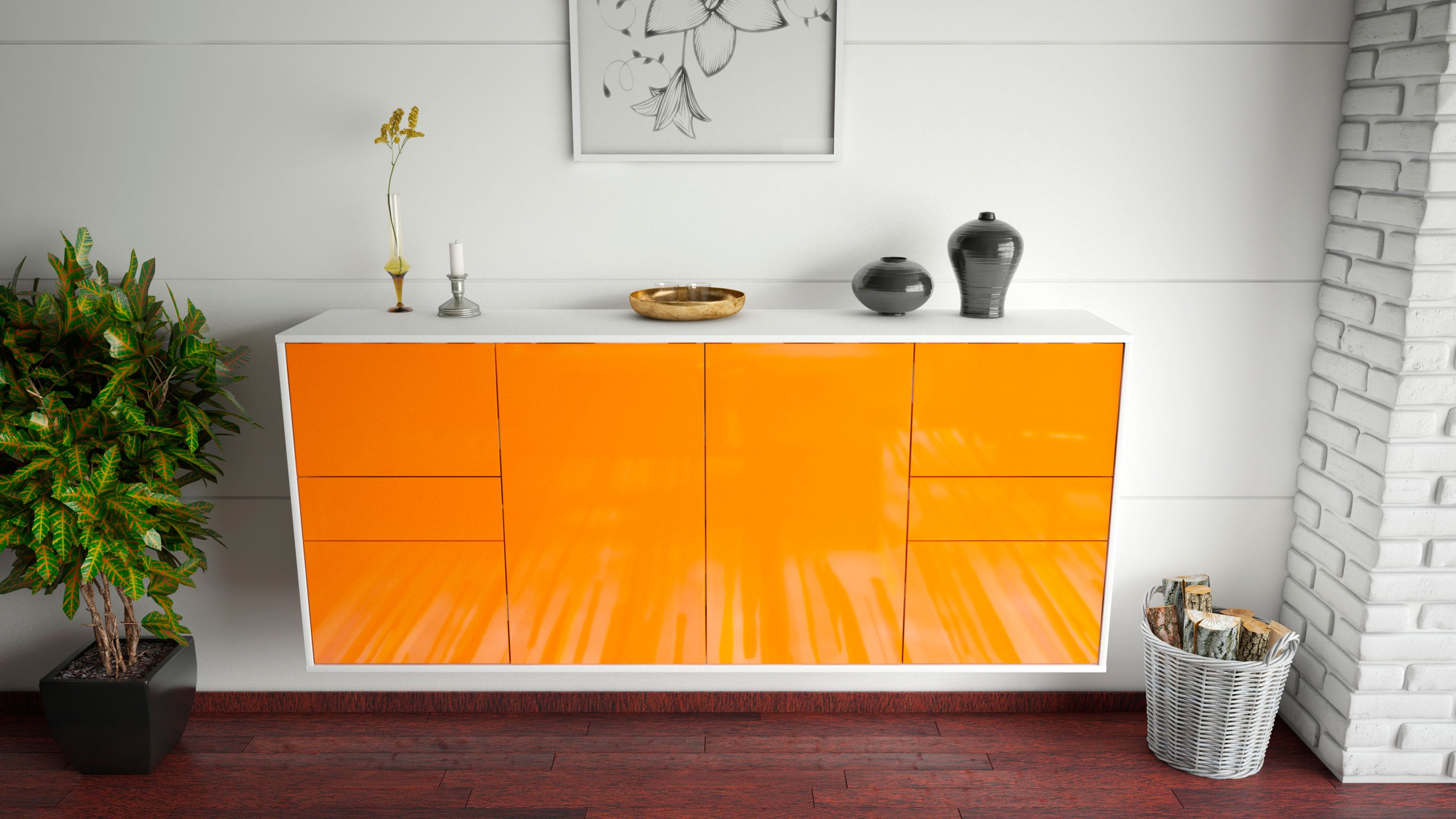 Sideboard - Gemma - Design Hochglanz - Wandmontage mit Push to Open 180 cm Weiss