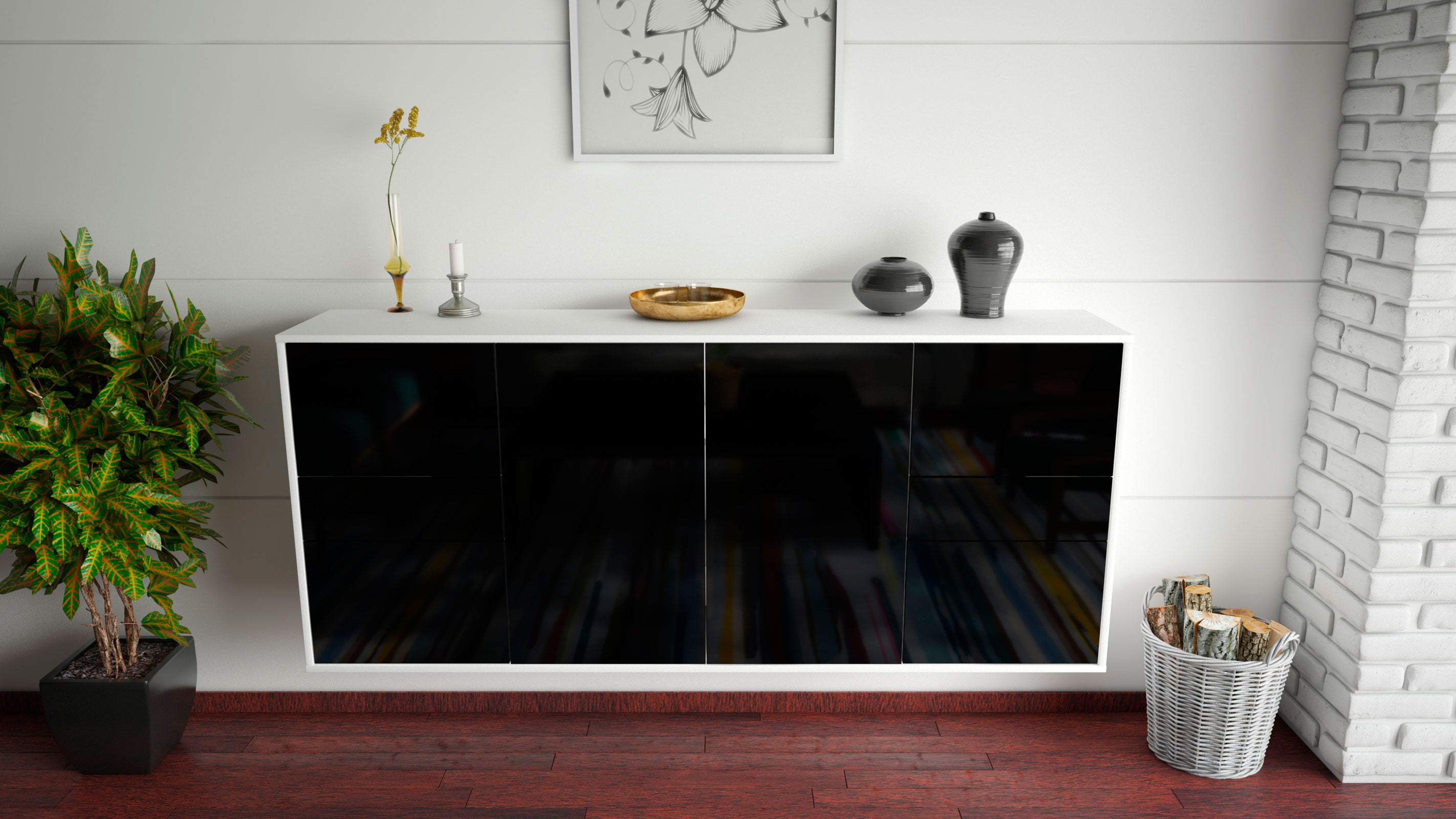 Sideboard - Gemma - Design Hochglanz - Wandmontage mit Push to Open 180 cm Weiss