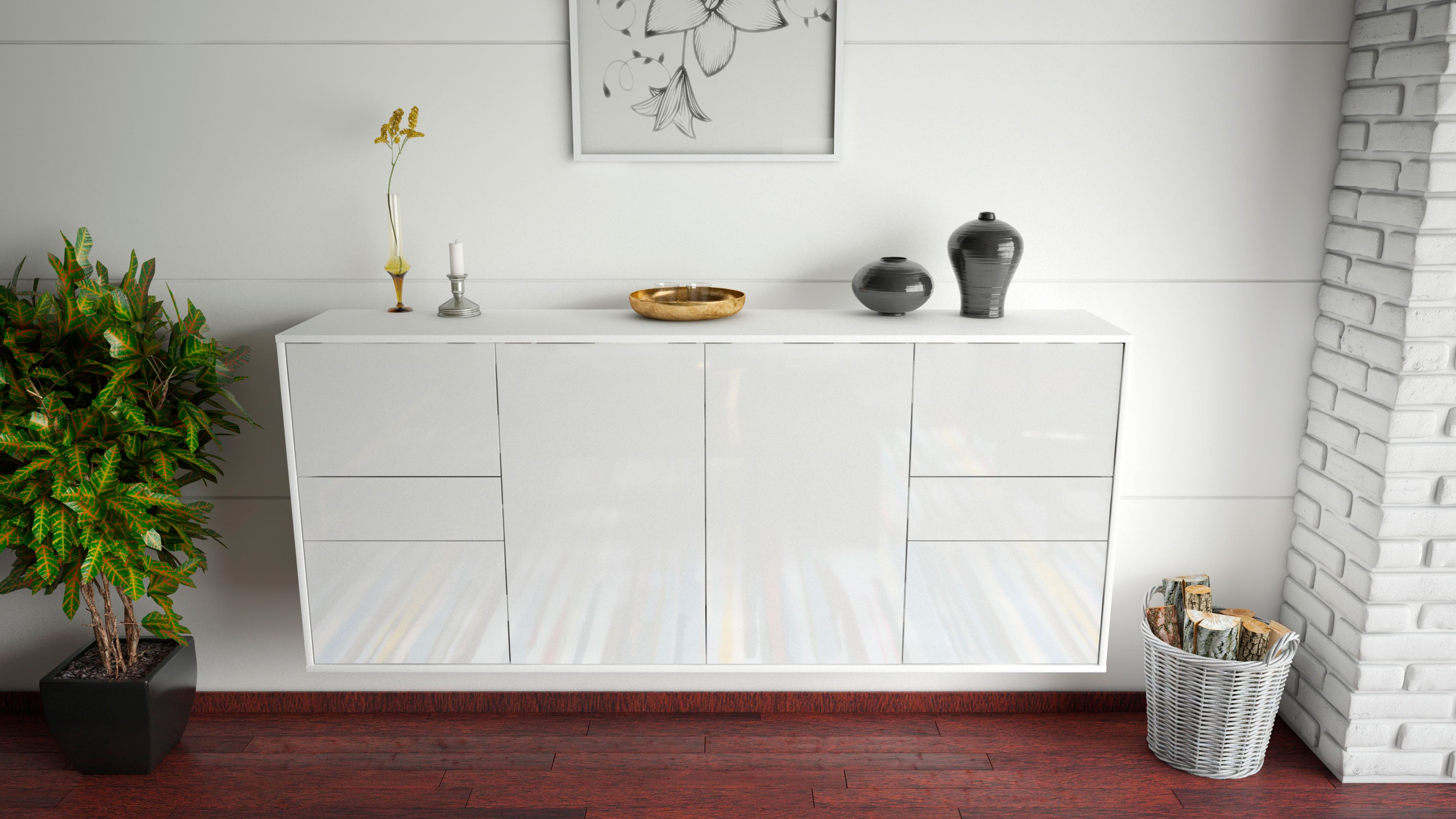 Sideboard - Gemma - Design Hochglanz - Wandmontage mit Push to Open 180 cm Weiss