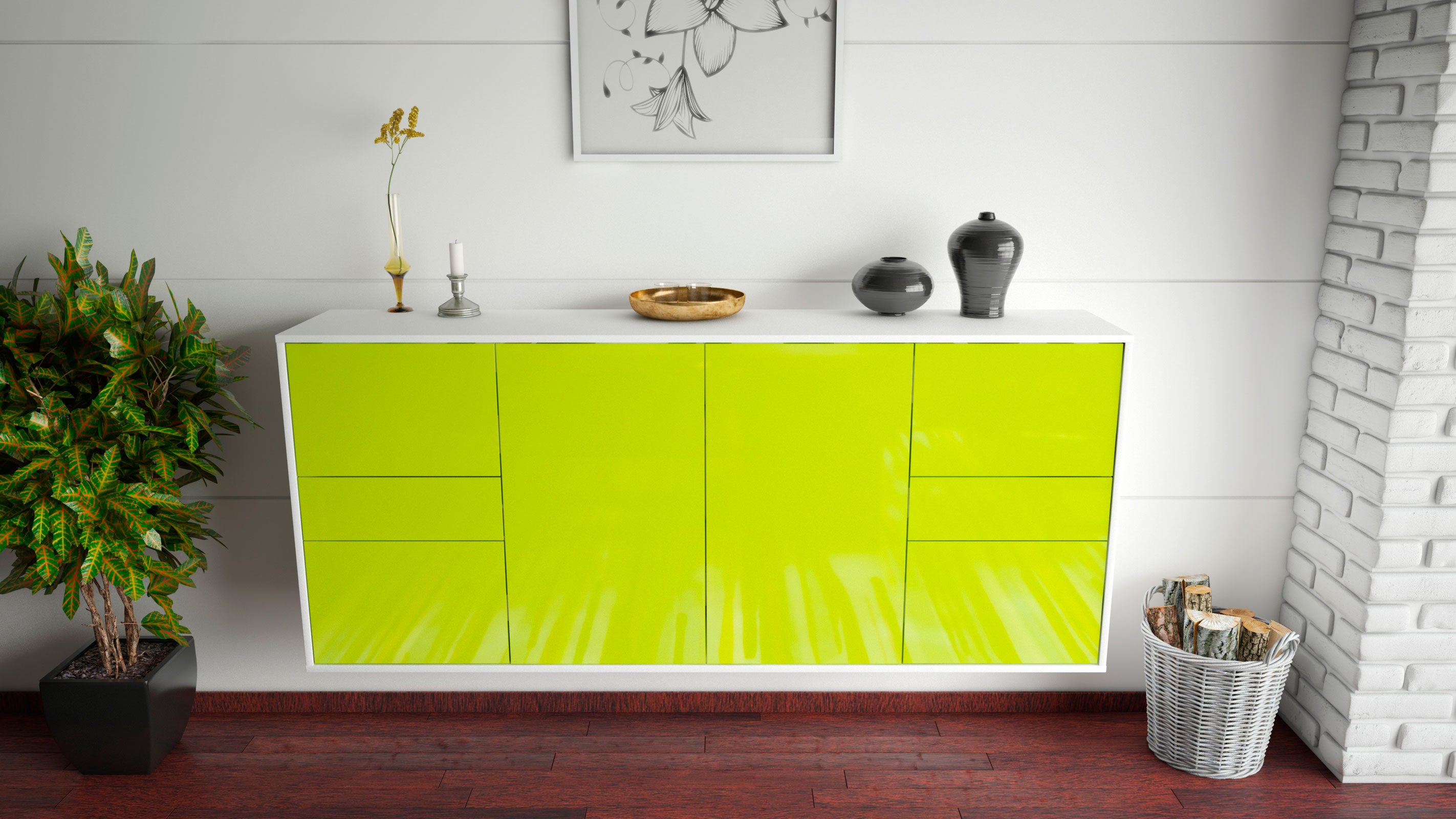 Sideboard - Gemma - Design Hochglanz - Wandmontage mit Push to Open 180 cm Weiss