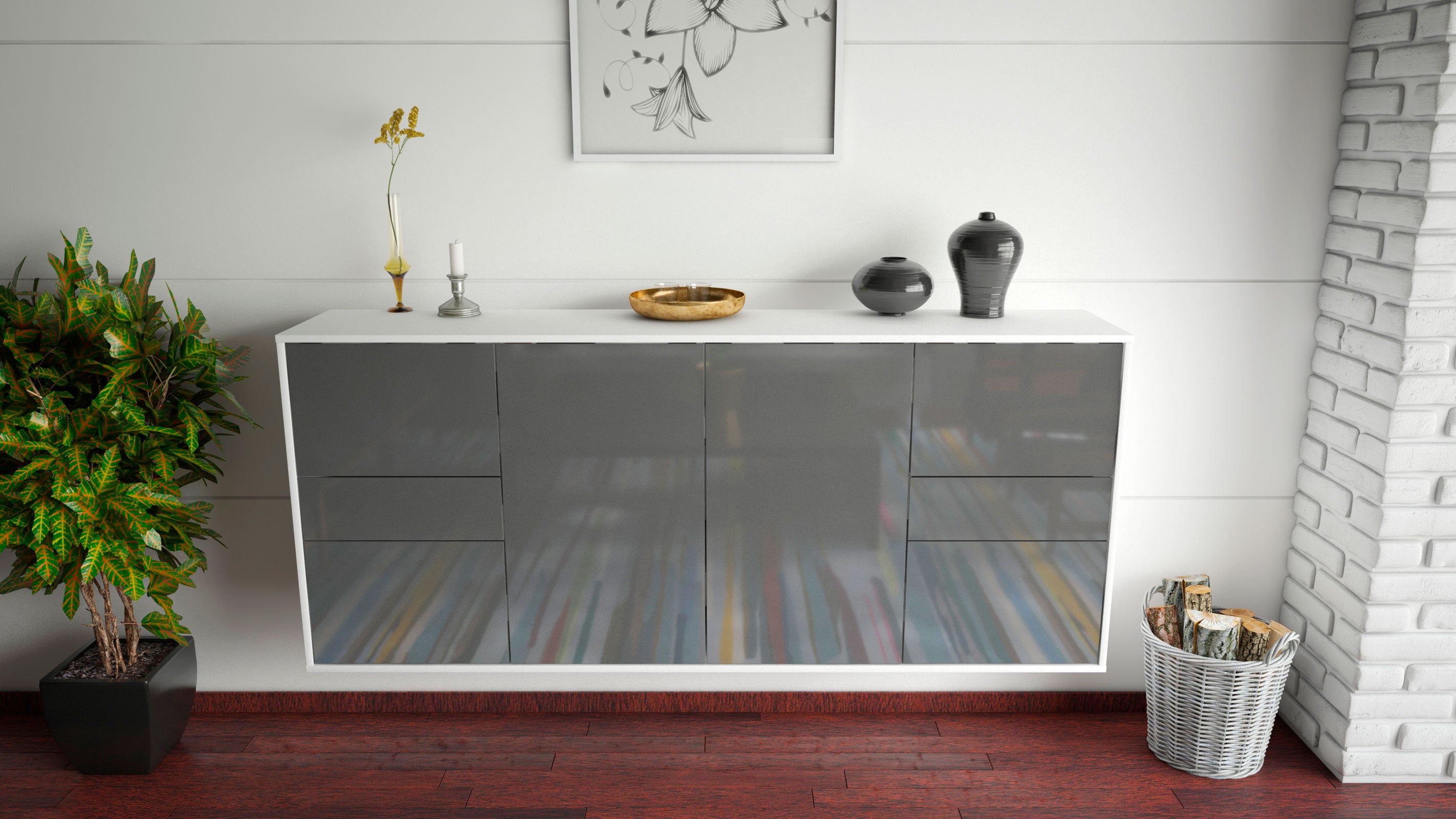 Sideboard - Gemma - Design Hochglanz - Wandmontage mit Push to Open 180 cm Weiss