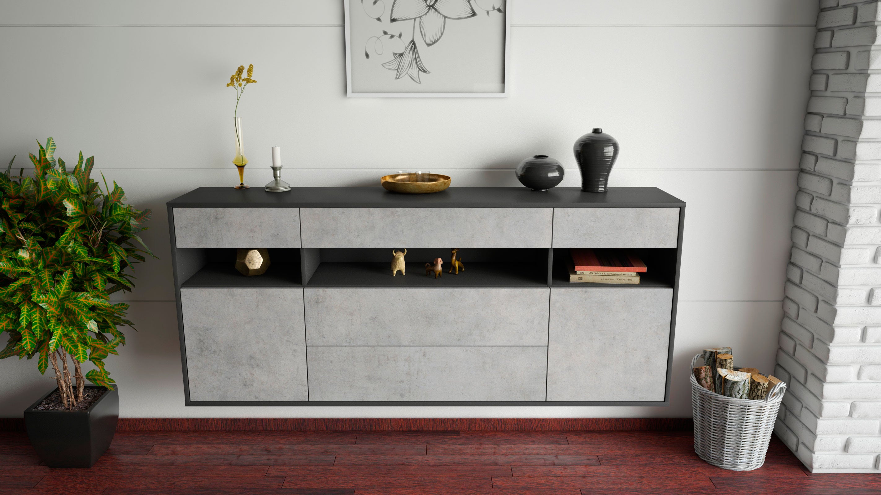 Sideboard - Floria - Design Industrie Stil - Wandmontage mit Push to Open 180 cm Anthrazit