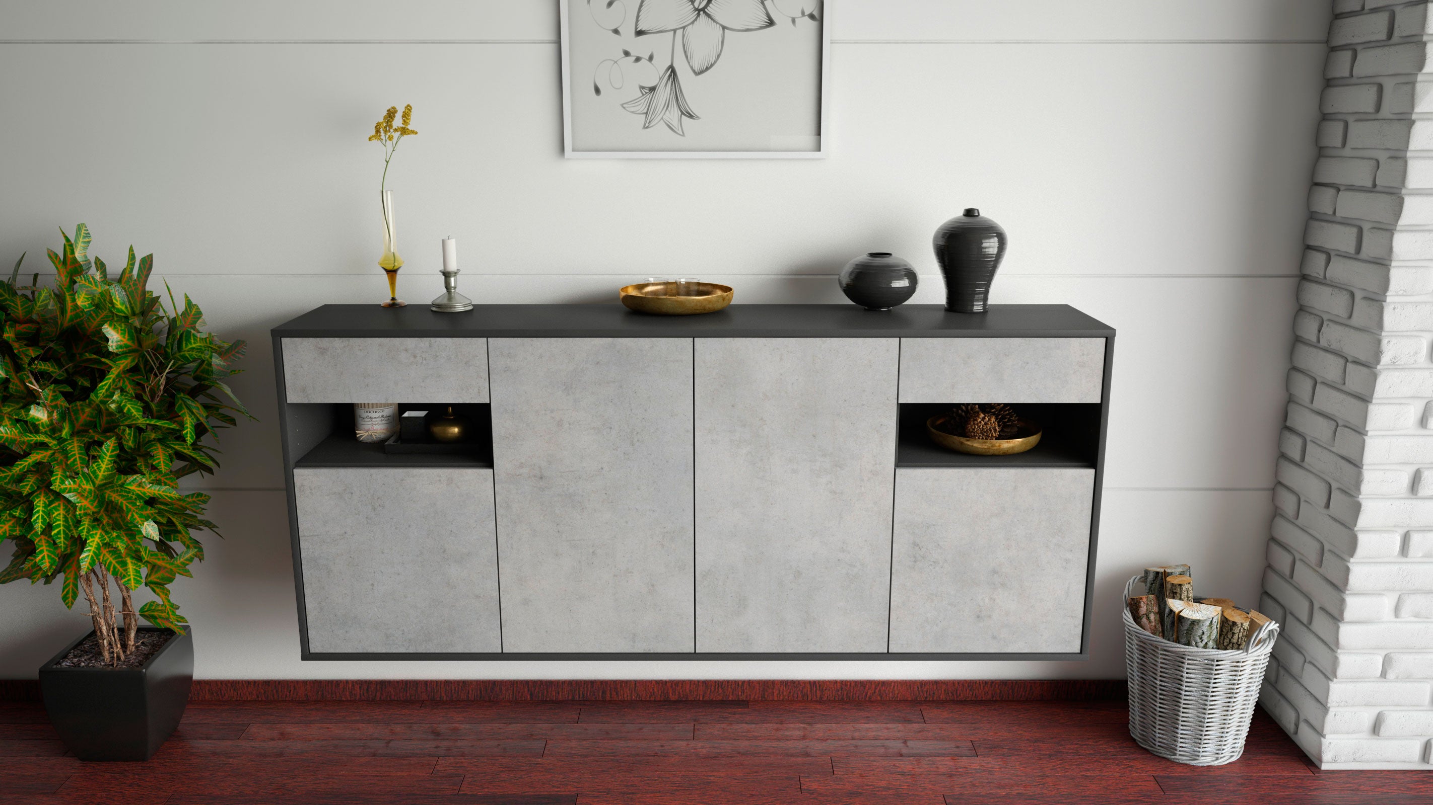 Sideboard - Franca - Design Industrie Stil - Wandmontage mit Push to Open 180 cm Anthrazit