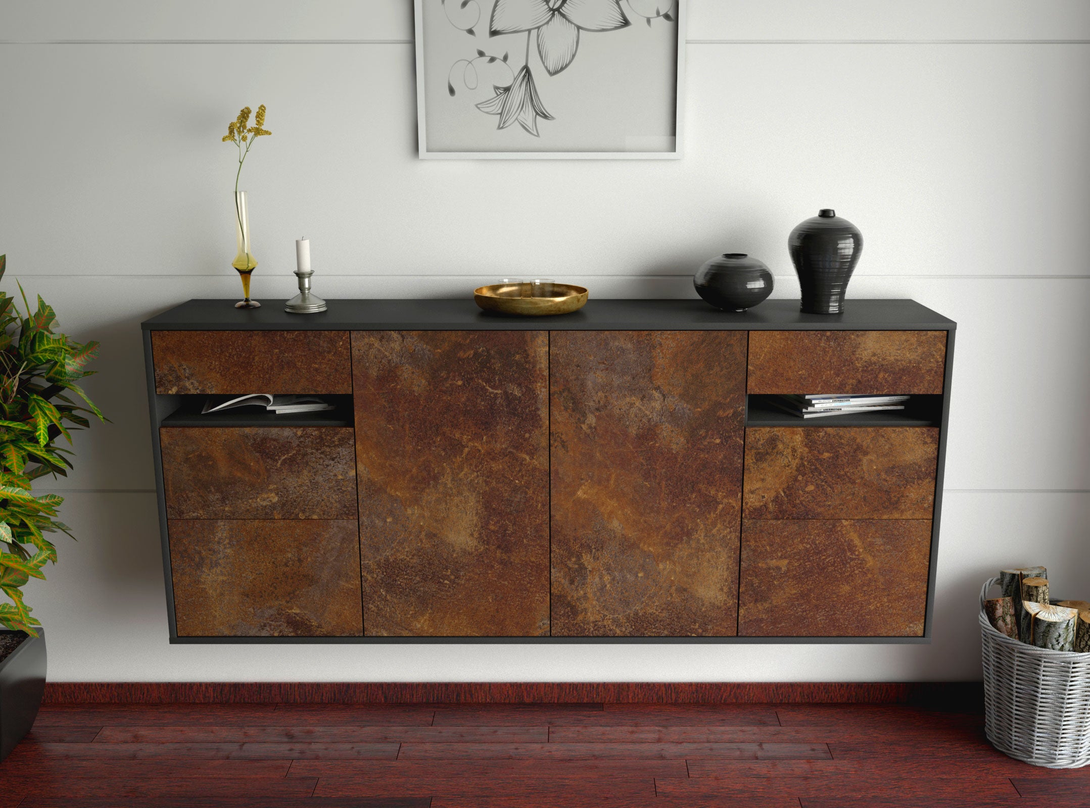 Sideboard - Francesca - Design Industrie Stil - Wandmontage mit Push to Open 180 cm Anthrazit