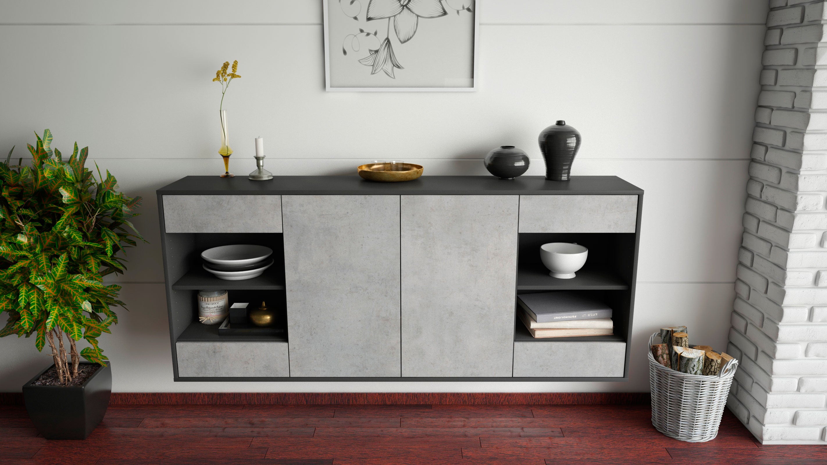 Sideboard - Franka - Design Industrie Stil - Wandmontage mit Push to Open 180 cm Anthrazit