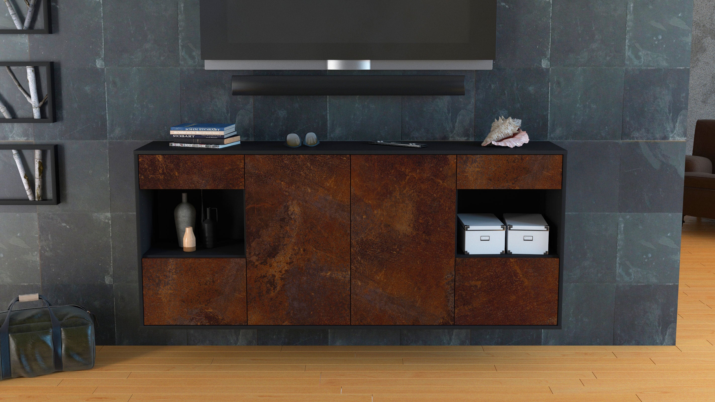 Sideboard - Gabriella - Design Industrie Stil - Wandmontage mit Push to Open 180 cm Anthrazit