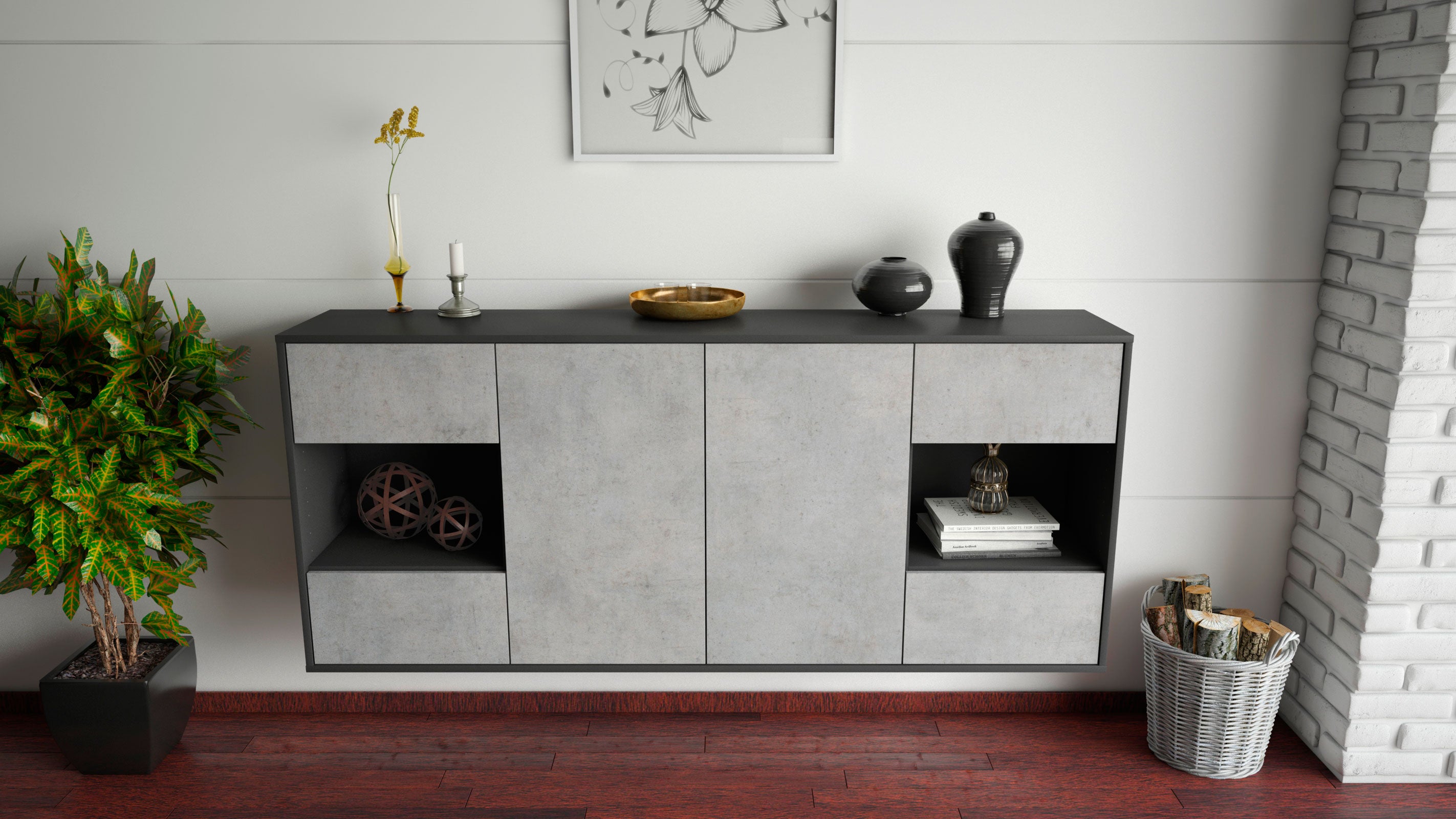 Sideboard - Gaia - Design Industrie Stil - Wandmontage mit Push to Open 180 cm Anthrazit