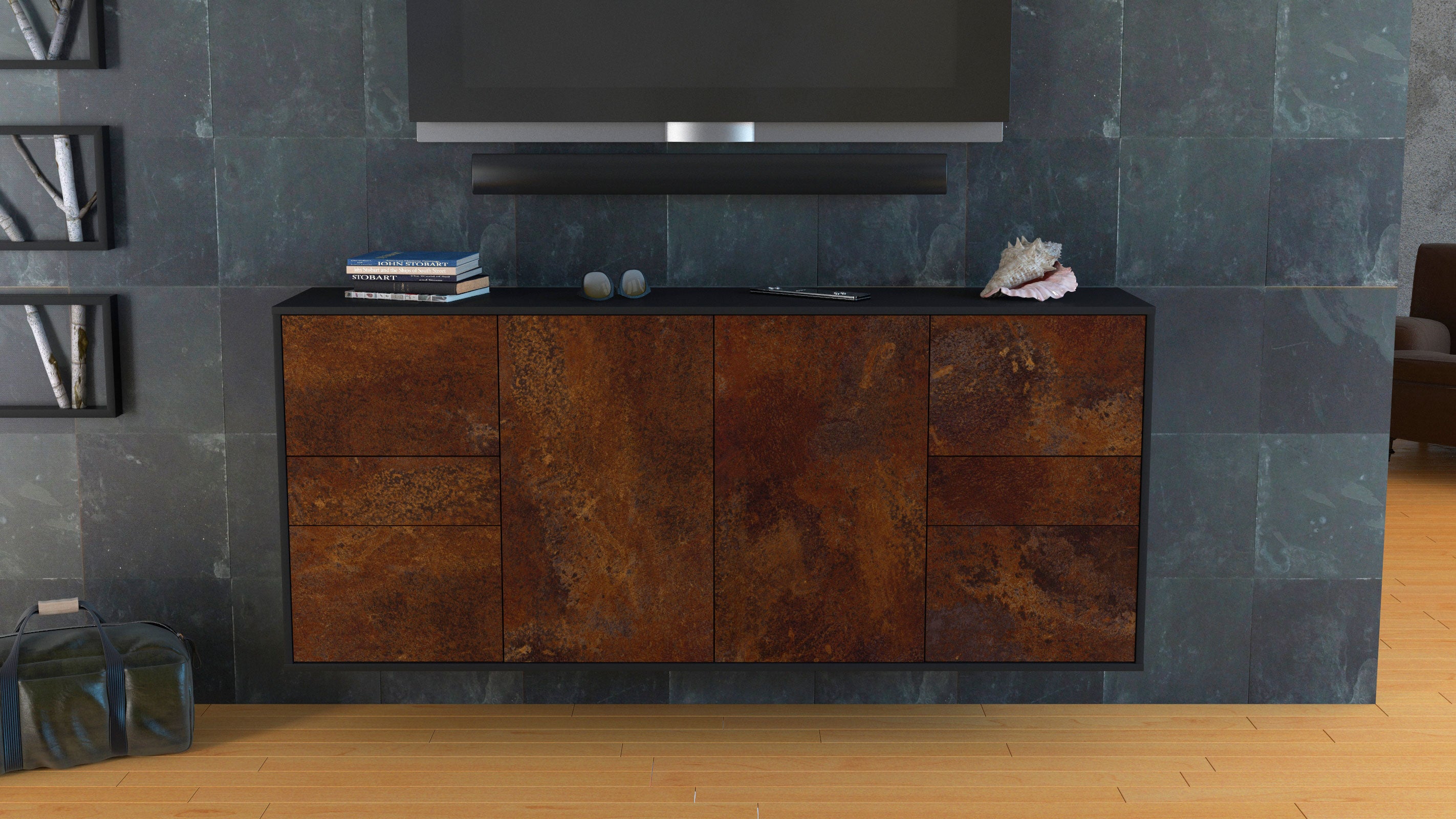 Sideboard - Gemma - Design Industrie Stil - Wandmontage mit Push to Open 180 cm Anthrazit