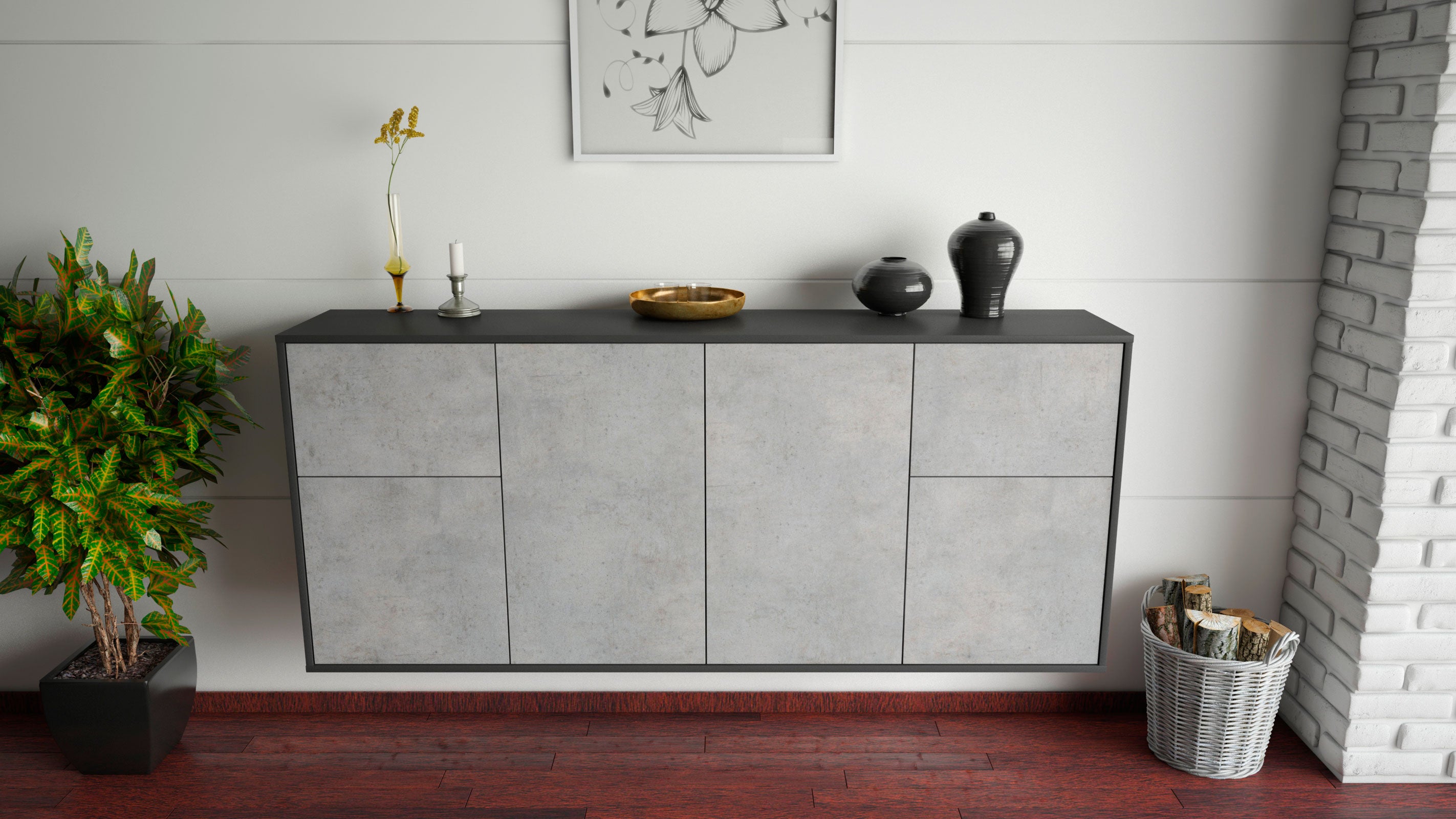 Sideboard - Georgina - Design Industrie Stil - Wandmontage mit Push to Open 180 cm Anthrazit