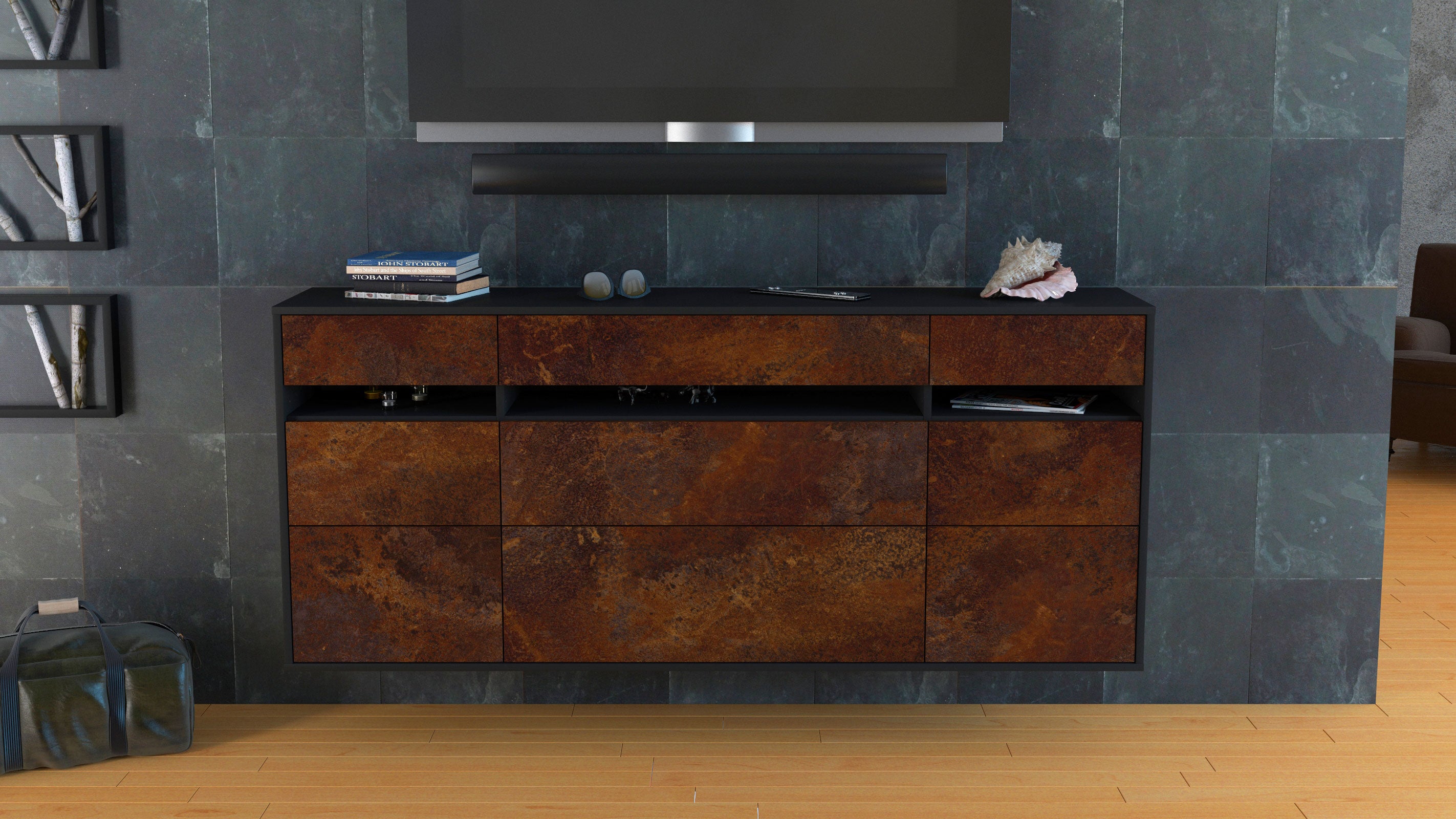 Sideboard - Giada - Design Industrie Stil - Wandmontage mit Push to Open 180 cm Anthrazit