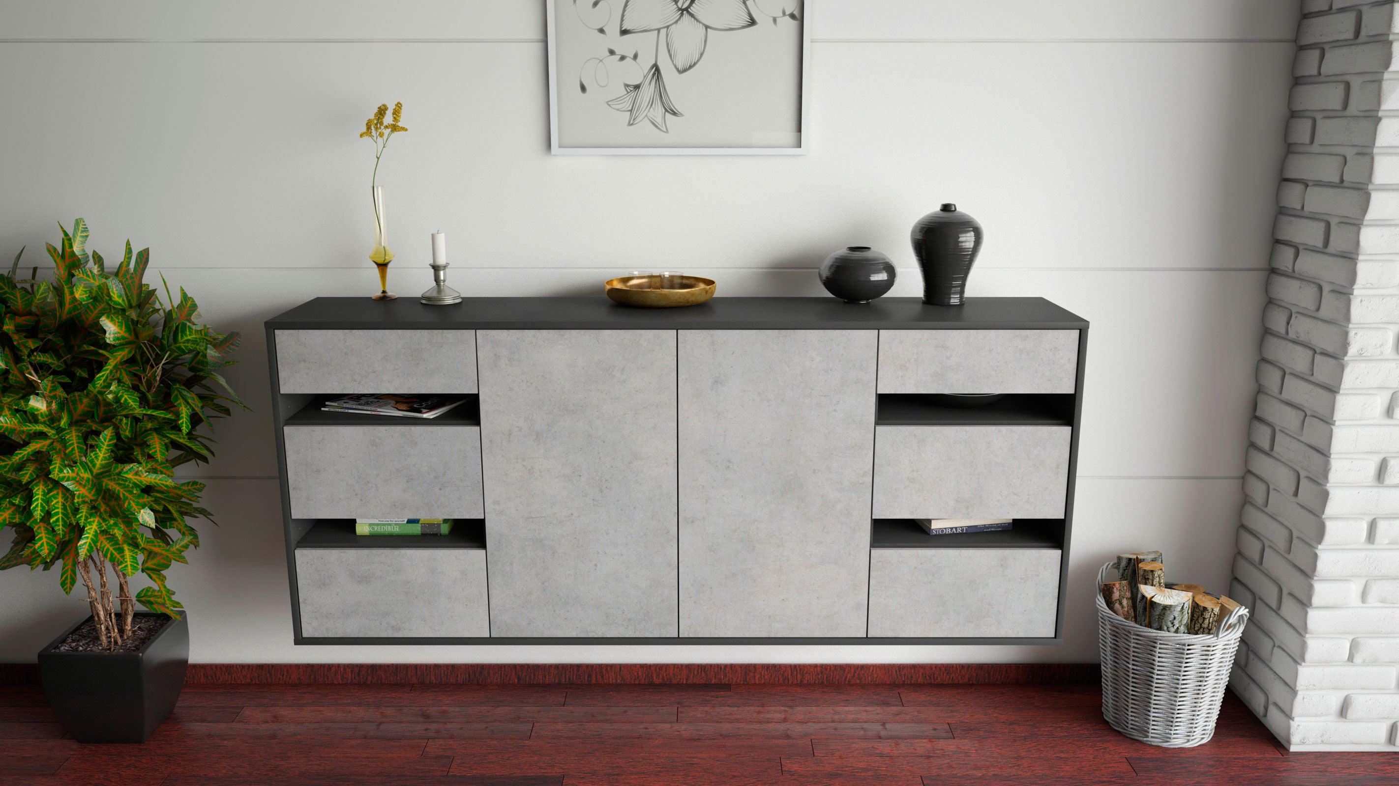 Sideboard - Gianna - Design Industrie Stil - Wandmontage mit Push to Open 180 cm Anthrazit