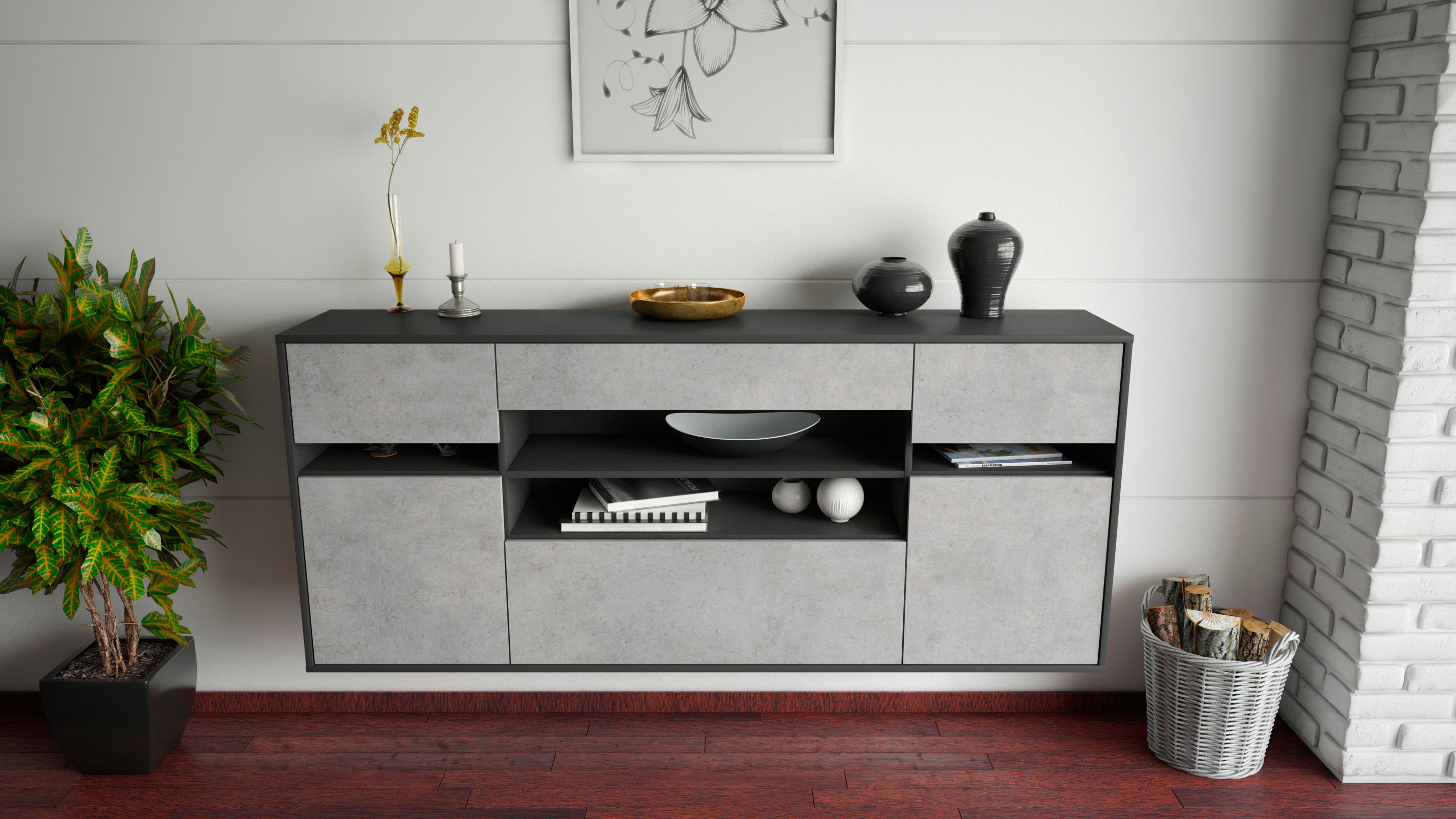 Sideboard - Gina - Design Industrie Stil - Wandmontage mit Push to Open 180 cm Anthrazit