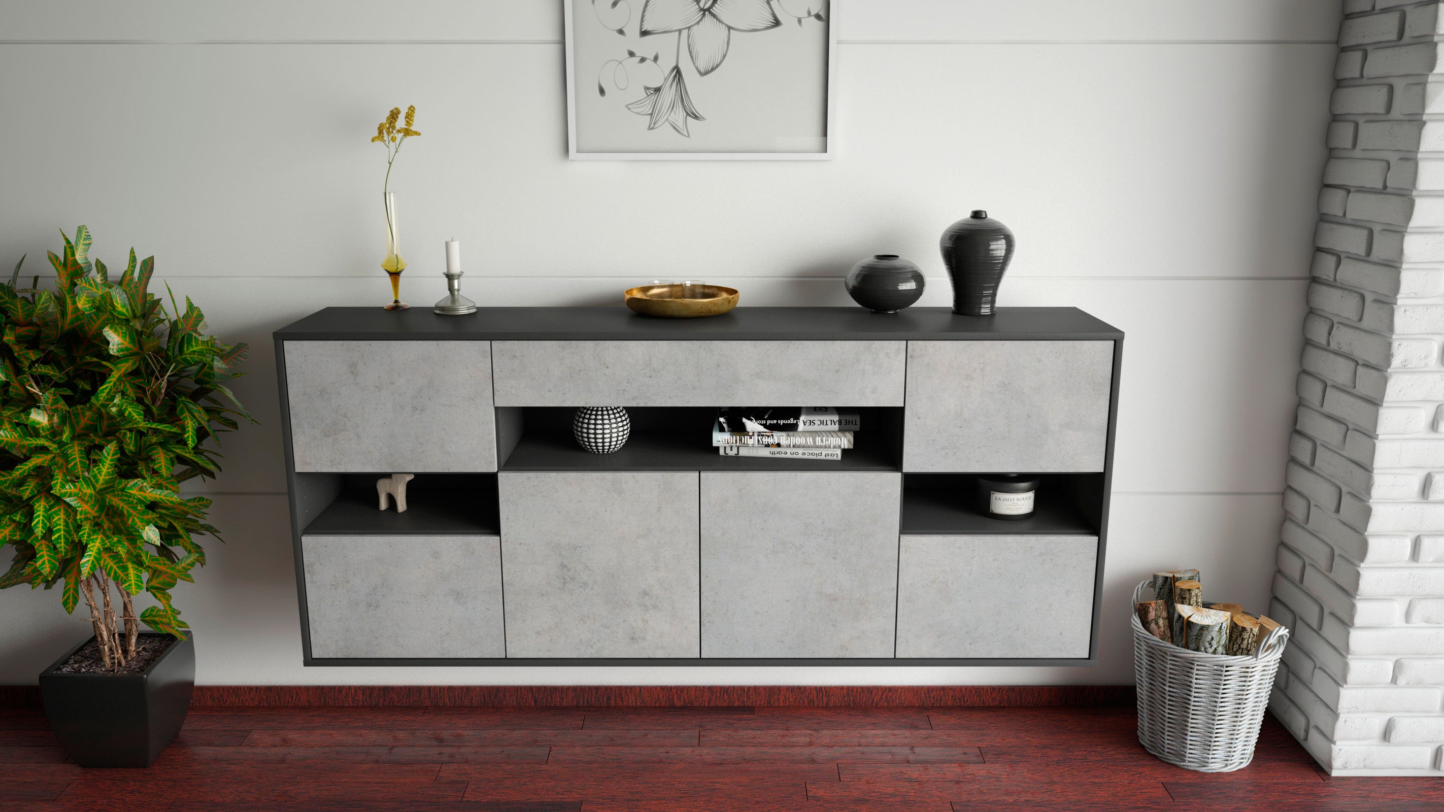 Sideboard - Ginevra - Design Industrie Stil - Wandmontage mit Push to Open 180 cm Anthrazit