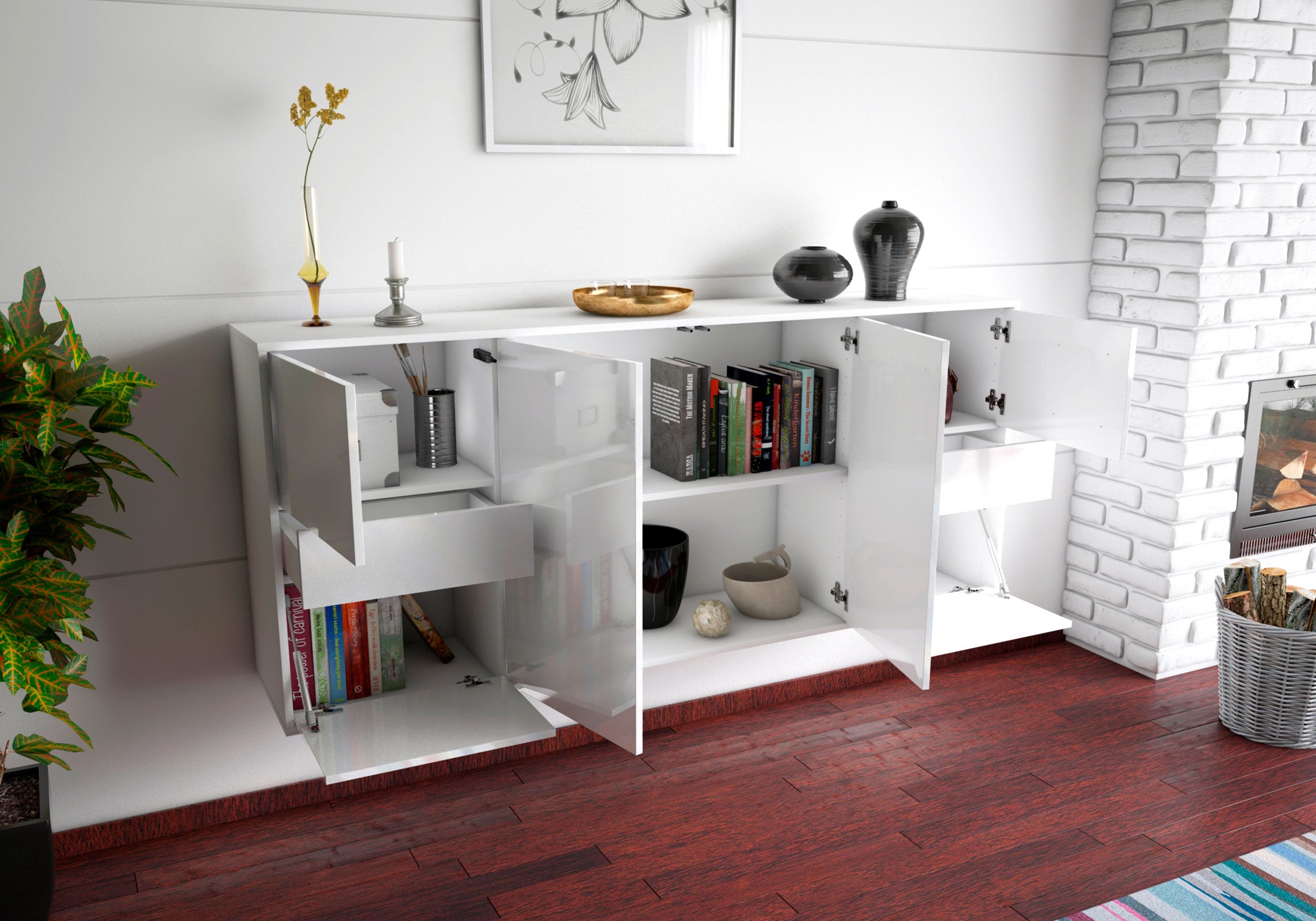 Sideboard - Gemma - Design Hochglanz - Wandmontage mit Push to Open 180 cm Weiss