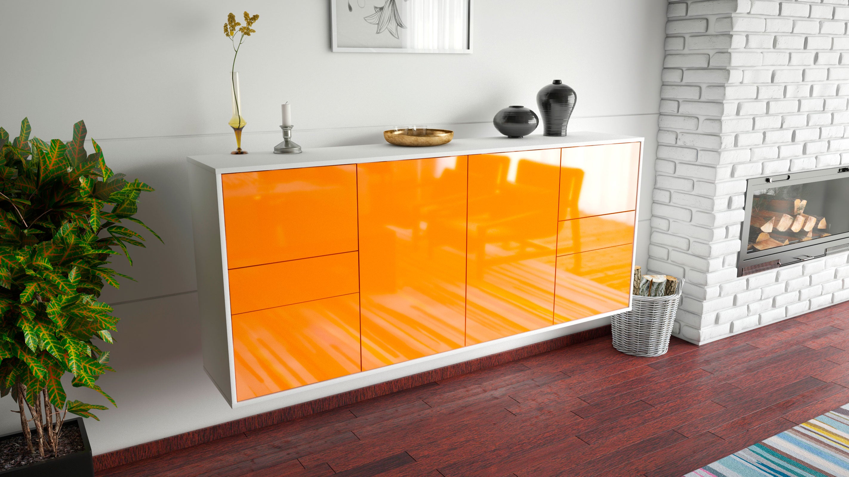 Sideboard - Gemma - Design Hochglanz - Wandmontage mit Push to Open 180 cm Weiss