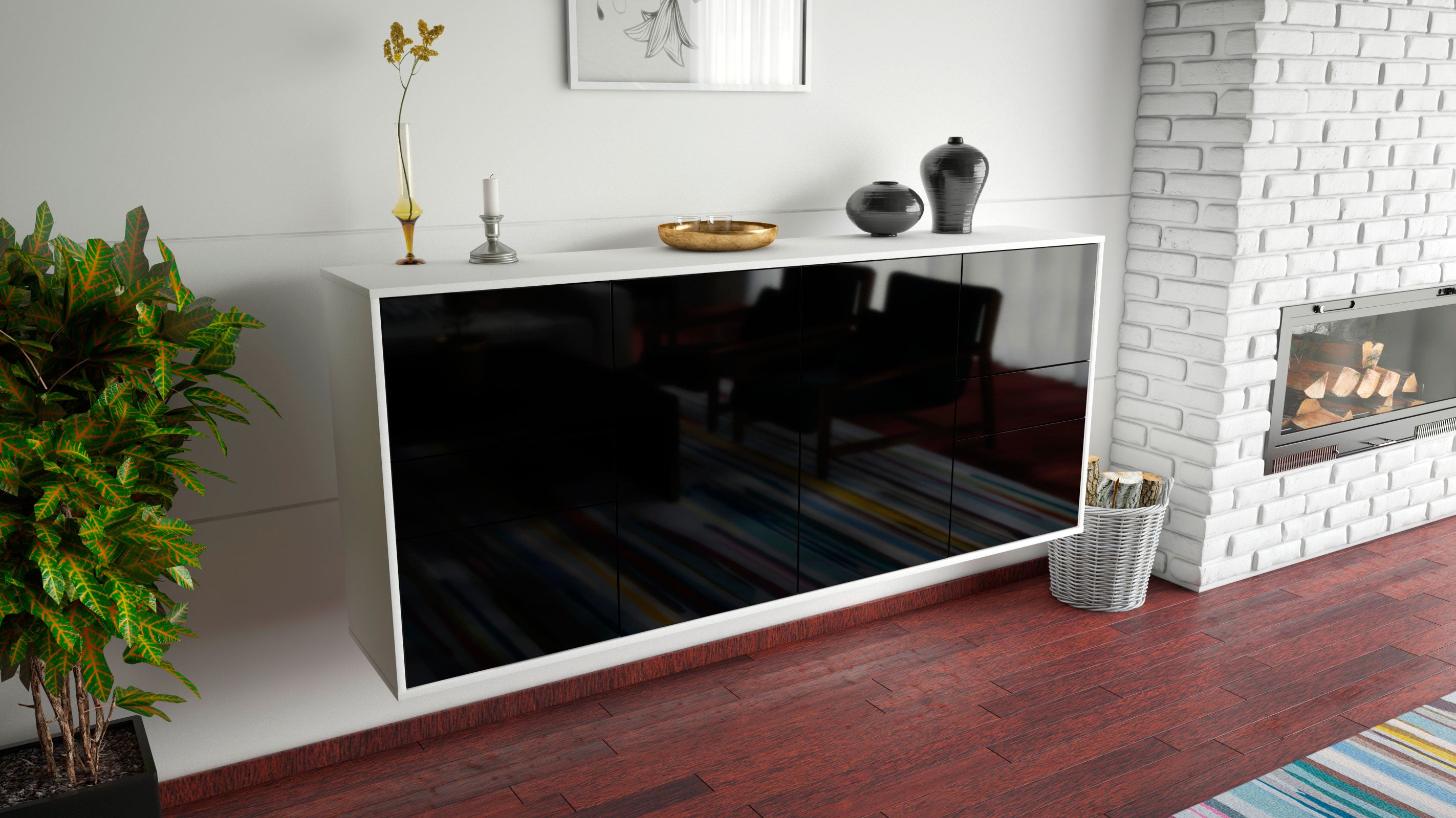 Sideboard - Gemma - Design Hochglanz - Wandmontage mit Push to Open 180 cm Weiss