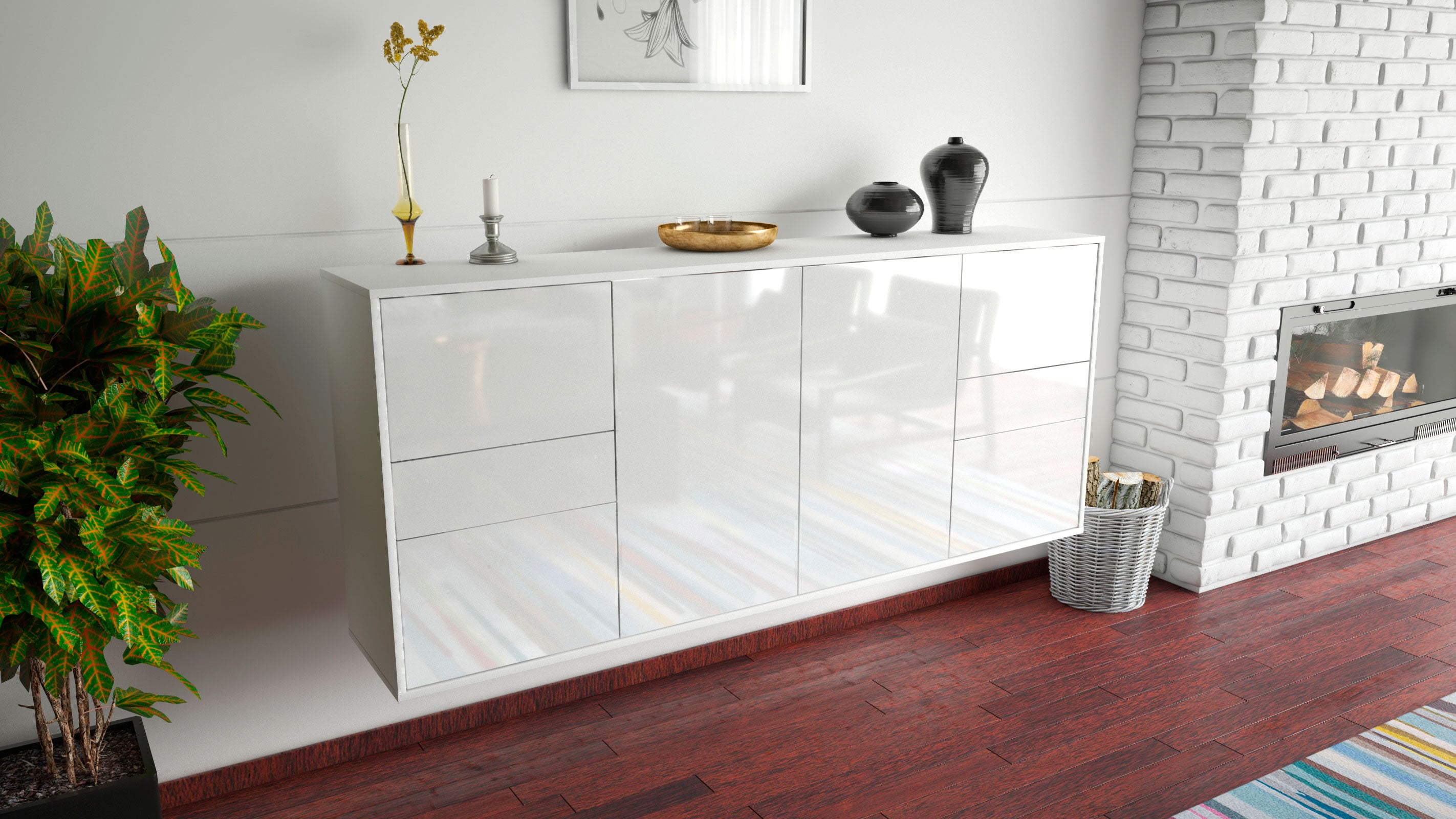 Sideboard - Gemma - Design Hochglanz - Wandmontage mit Push to Open 180 cm Weiss