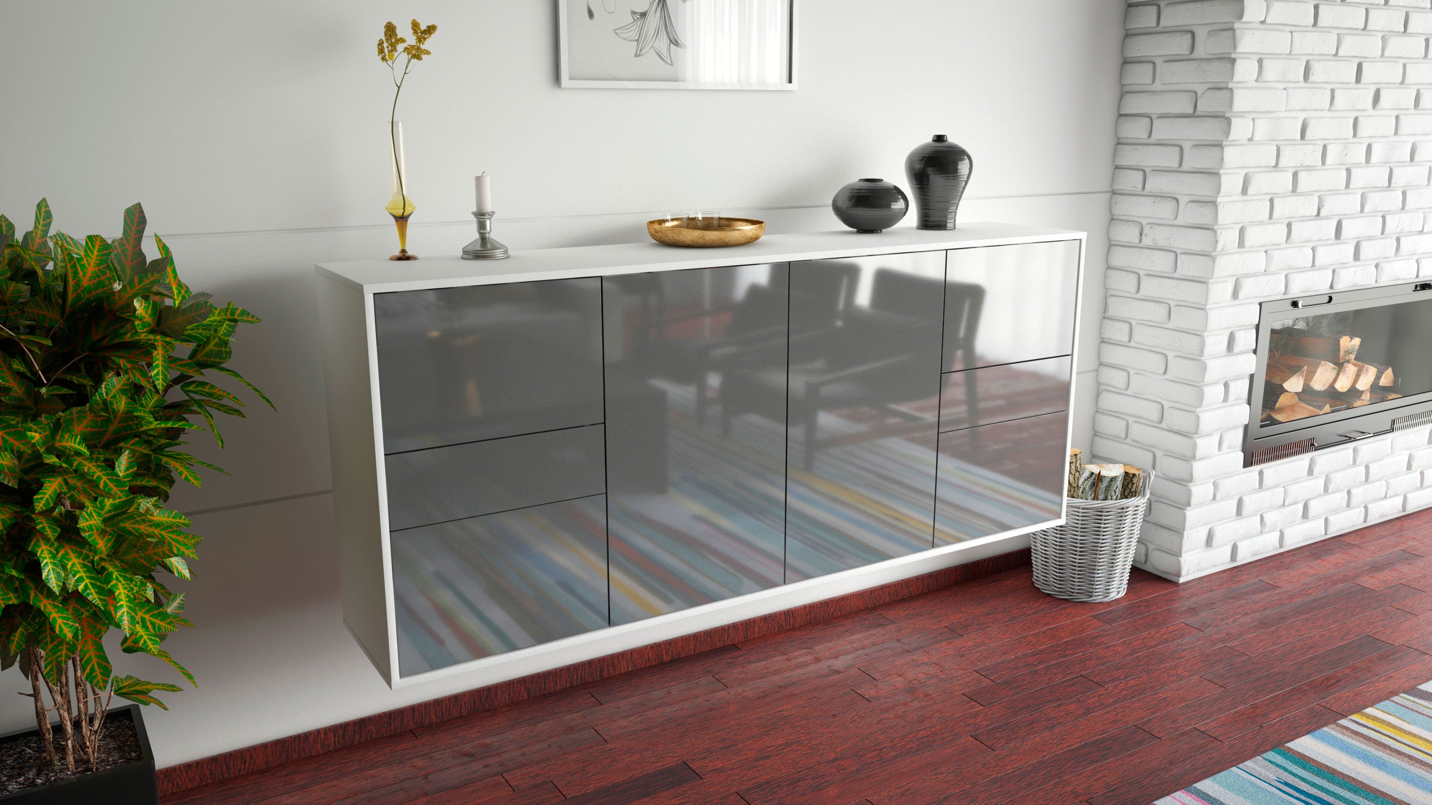 Sideboard - Gemma - Design Hochglanz - Wandmontage mit Push to Open 180 cm Weiss