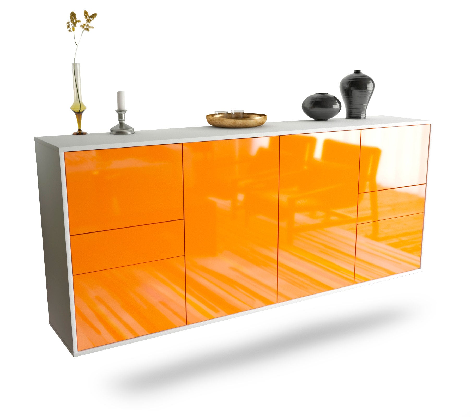 Sideboard - Gemma - Design Hochglanz - Wandmontage mit Push to Open 180 cm Weiss