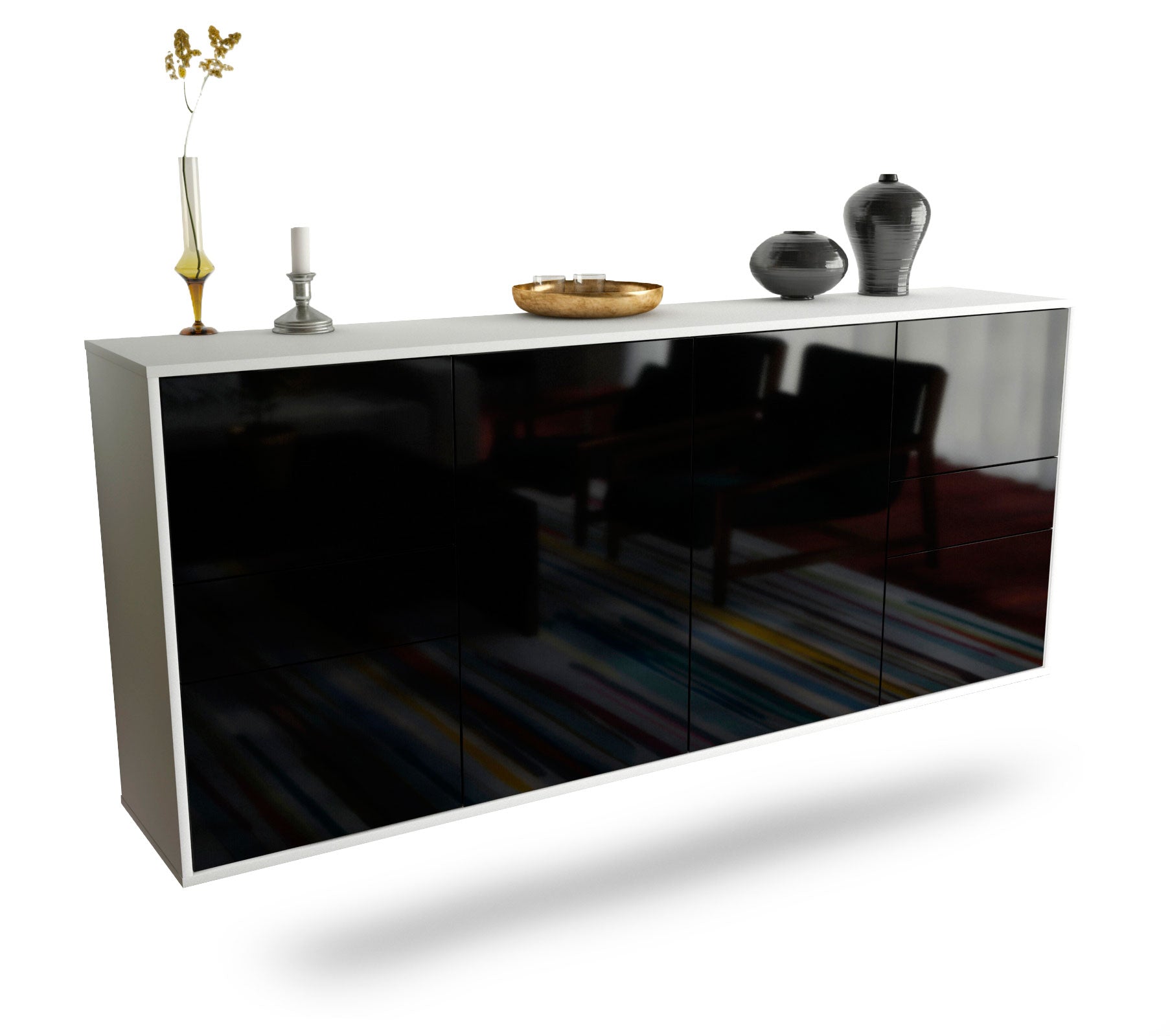 Sideboard - Gemma - Design Hochglanz - Wandmontage mit Push to Open 180 cm Weiss