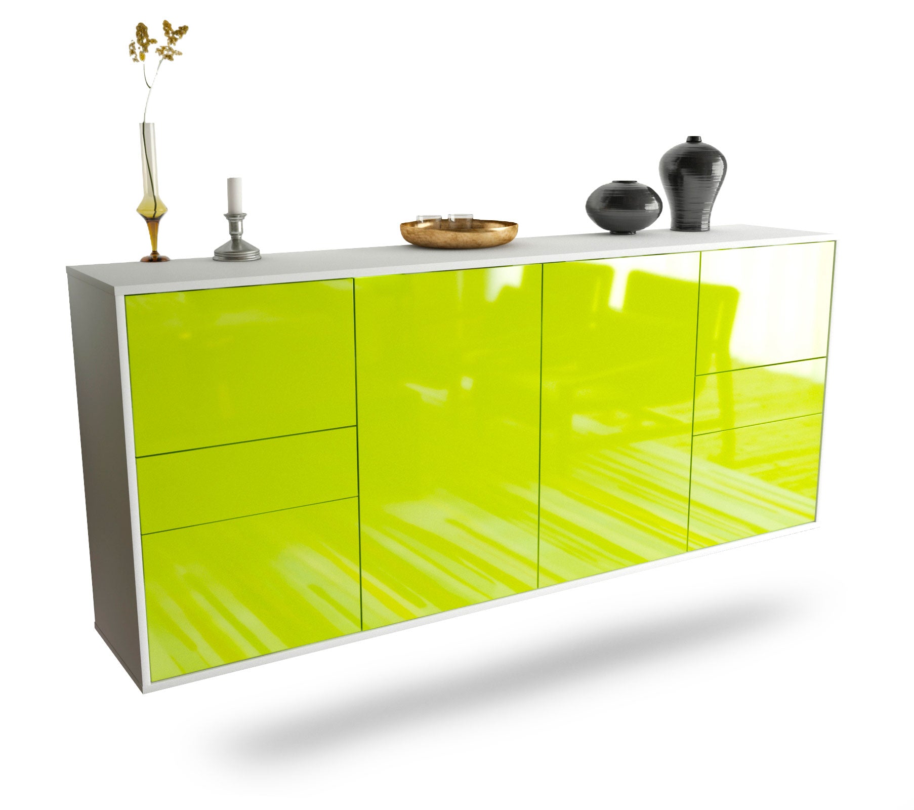 Sideboard - Gemma - Design Hochglanz - Wandmontage mit Push to Open 180 cm Weiss