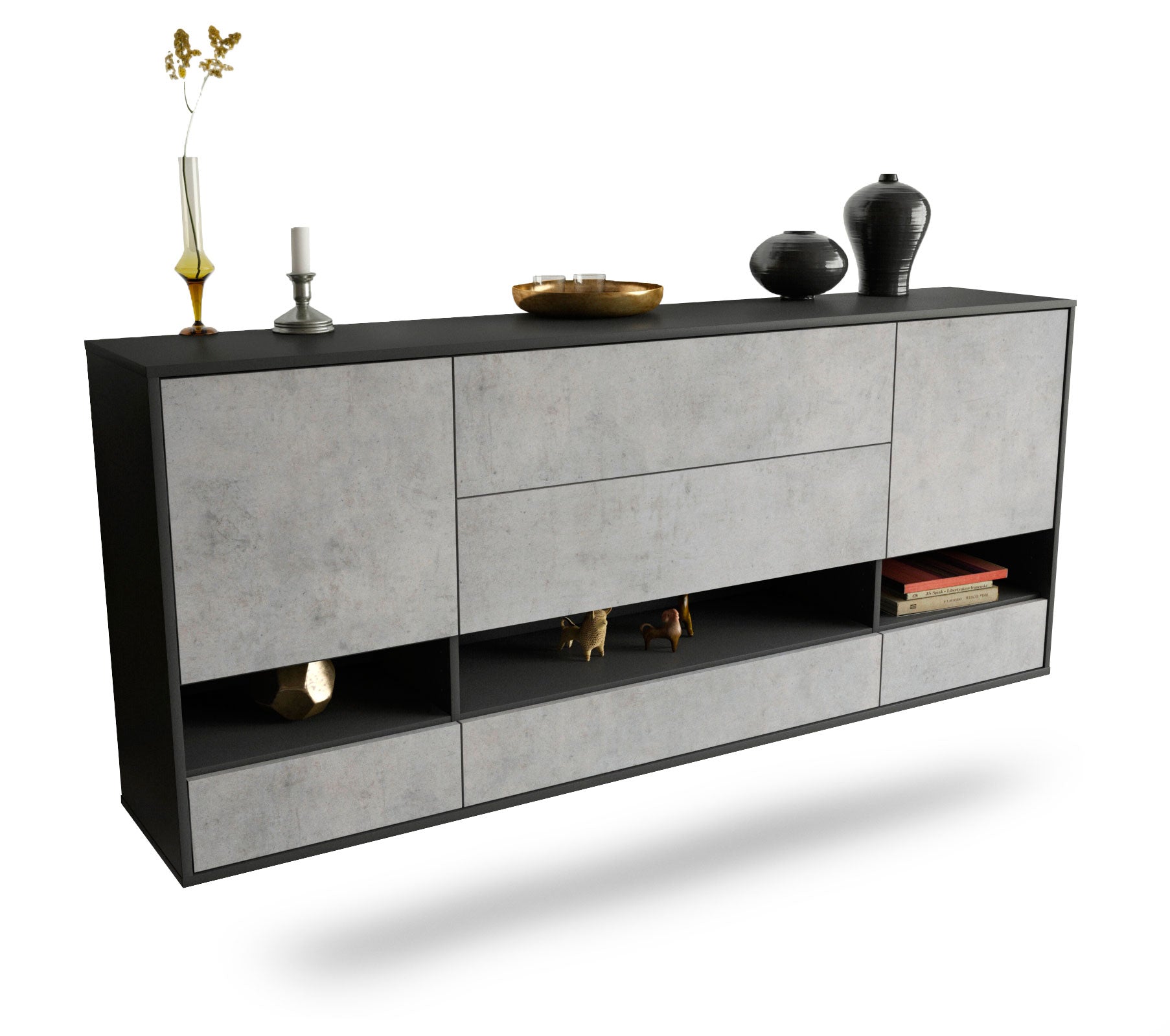 Sideboard - Florentina - Design Industrie Stil - Wandmontage mit Push to Open 180 cm Anthrazit